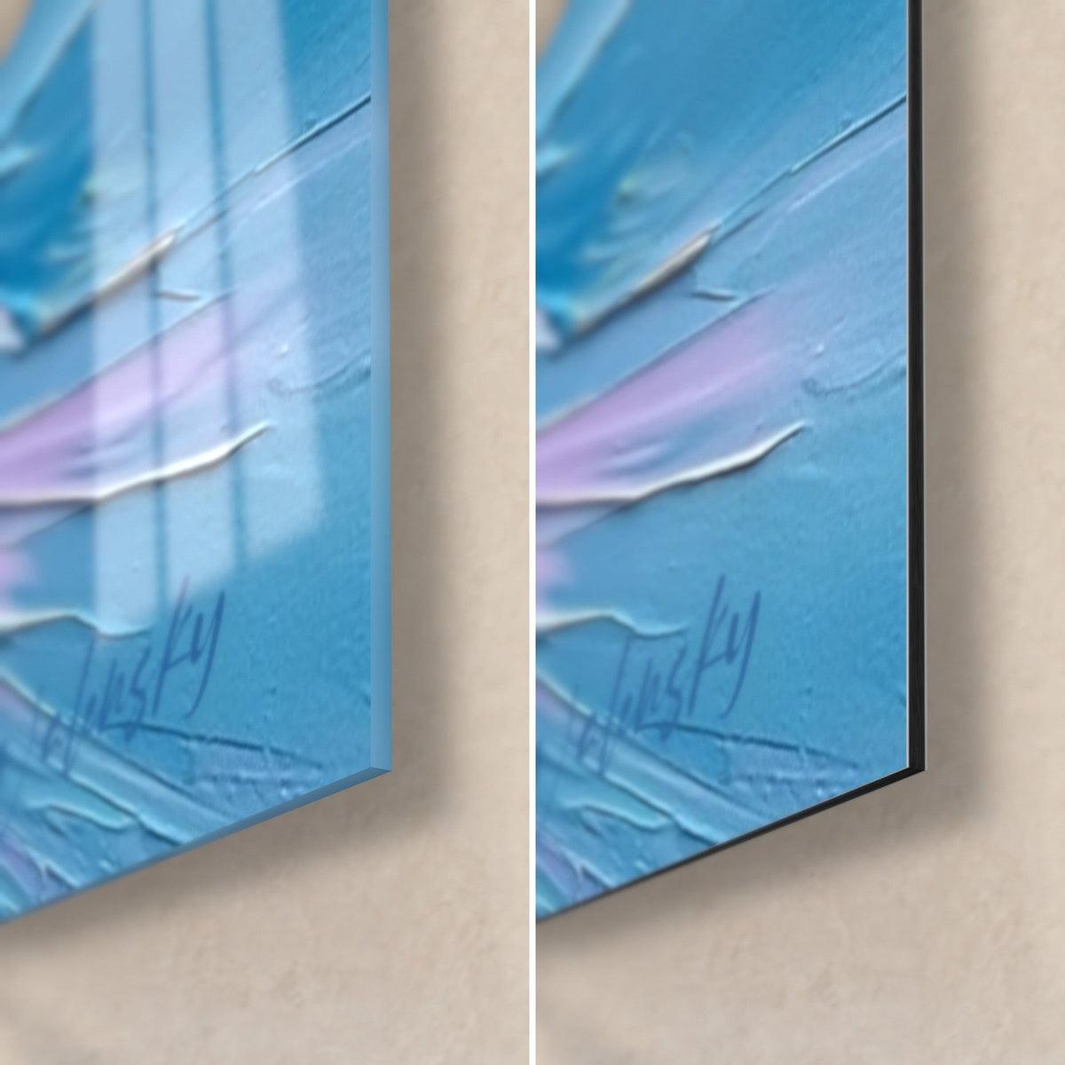 Wall art of a snowboarder painted in thick blue and mauve impasto, bottom right corner, glossy acrylic glass and matte Dibond, 3 mm edge