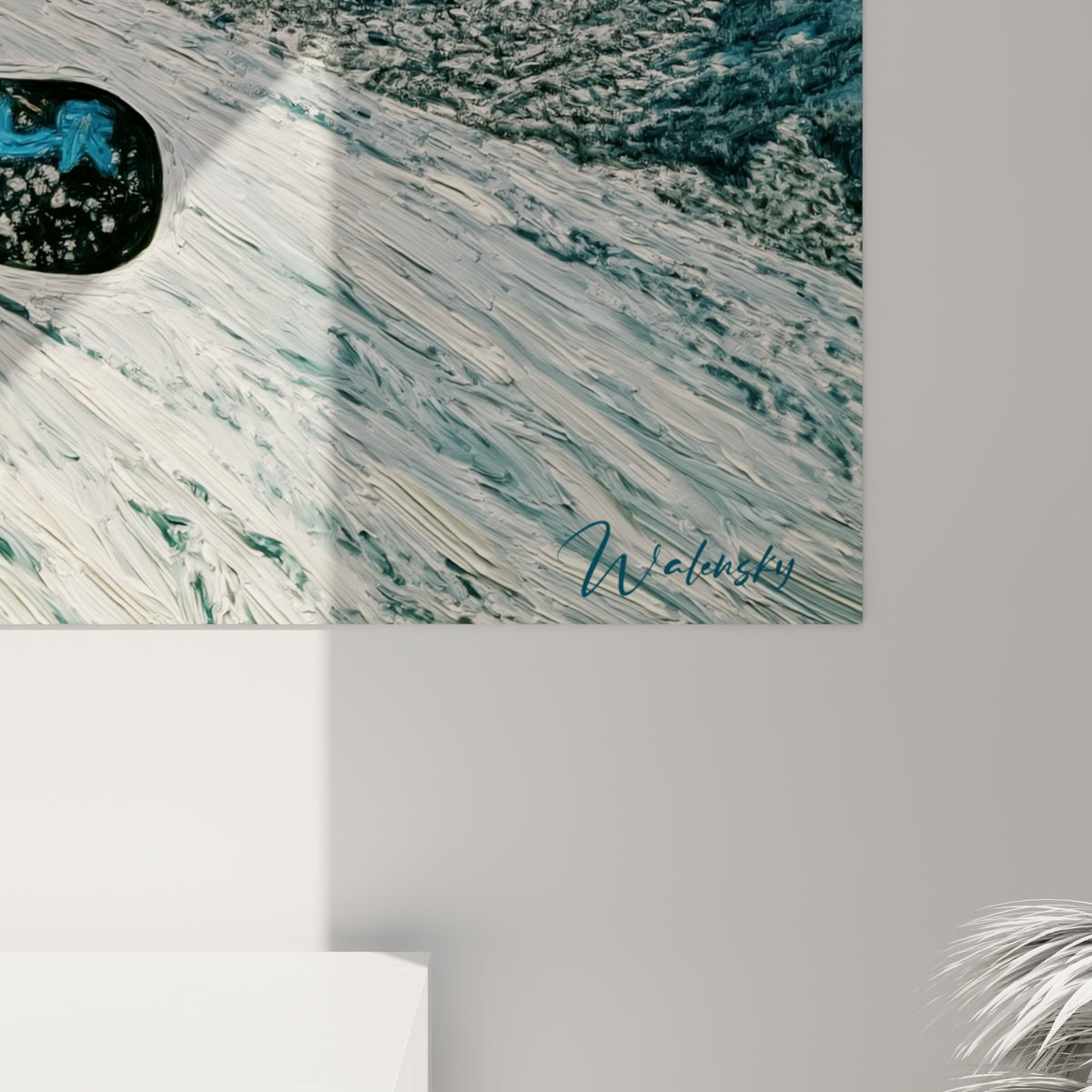 Empâtements épais de peinture jaune et bleu glacier révélant la texture de la neige sculptée sur la toile