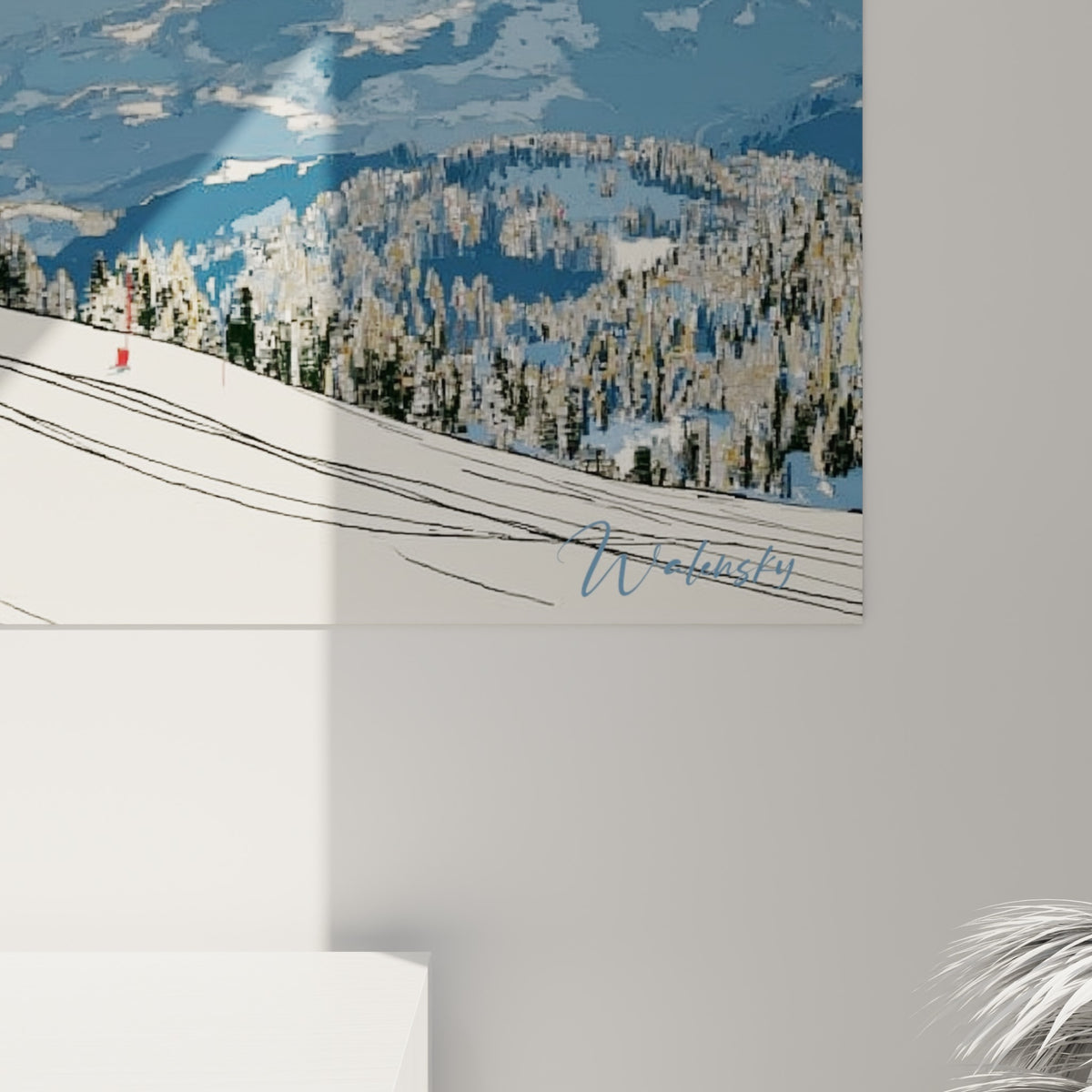 Détail des fragments mosaïqués bleus, blancs et dorés composant le casque et la combinaison du snowboardeur