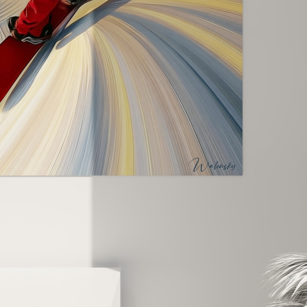 Matière tourbillonnante bleu marine et dorée de la toile, empâtements visibles autour de la planche rouge sombre