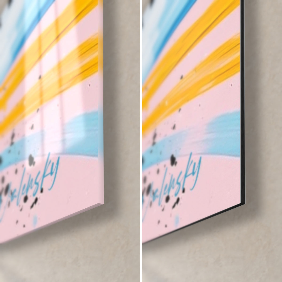 Empâtements de peinture rose fuchsia et bleu électrique, grain visible de la toile, coulures blanches proches de la planche