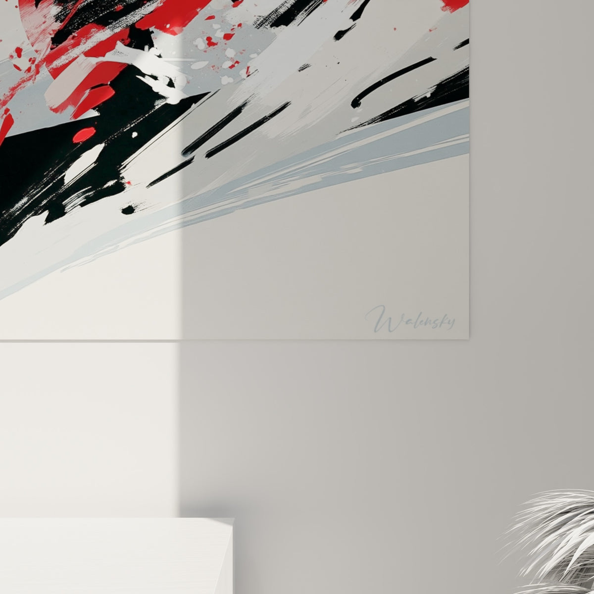Empâtements rouges et blancs se mêlant au noir de la combinaison, grain de peinture visible sur la toile