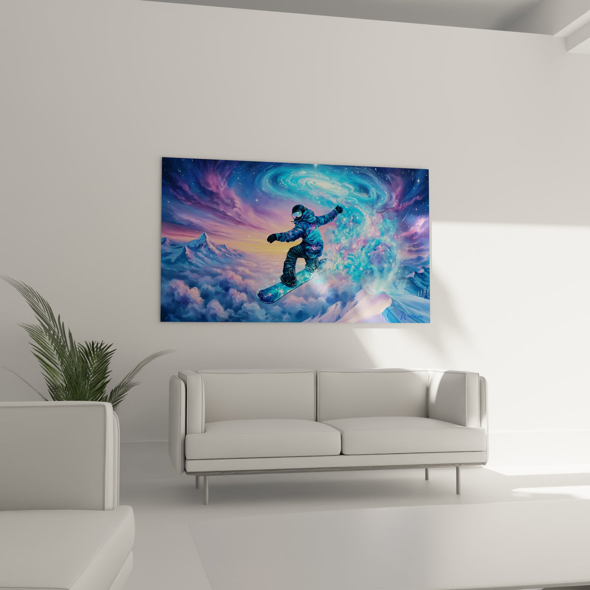 Sauteur en tenue violette survolant des sommets enneigés, au-dessus d'un canapé dans un salon lumineux