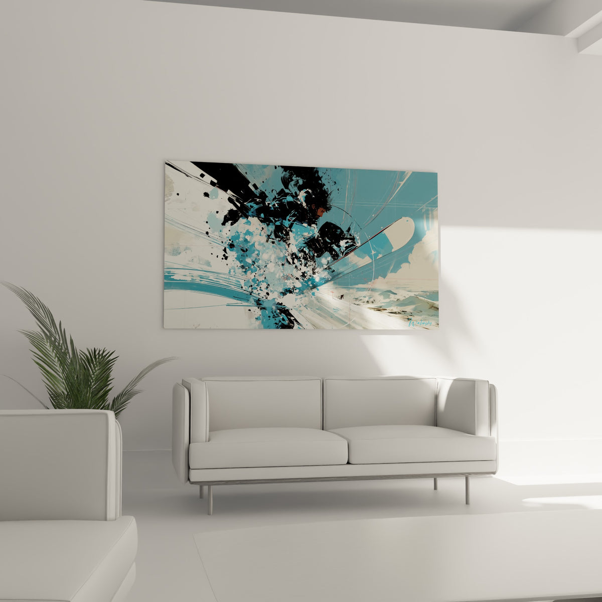 Sportif figé dans un mouvement de glisse, bleu turquoise et blanc éclatant, au-dessus d'un canapé dans un salon lumineux