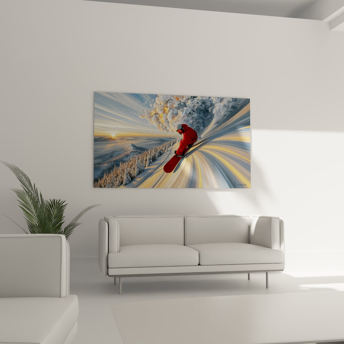 Silhouette écarlate glissant sous un ciel bleu pastel au-dessus d'un canapé dans un salon lumineux