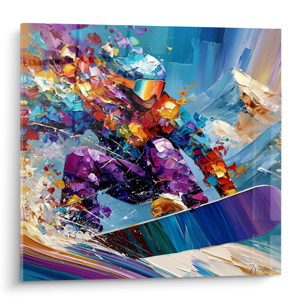 Snowboardeur en action, combinaison violette et casque orange, mosaïque de bleu et turquoise
