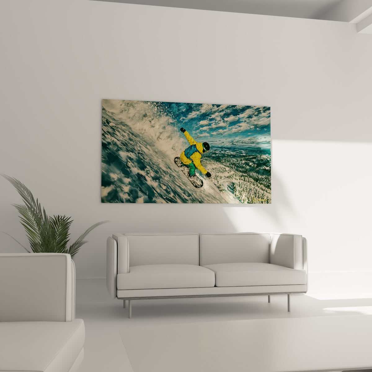 Virage engagé en combinaison jaune et bleu pétrole, neige projetée, au-dessus d'un canapé dans un salon lumineux