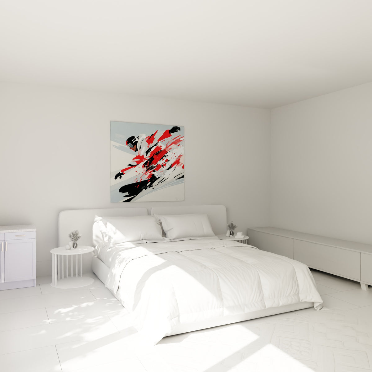 Rider penché dans un virage rouge et blanc, tableau accroché au-dessus d'un lit dans une chambre claire