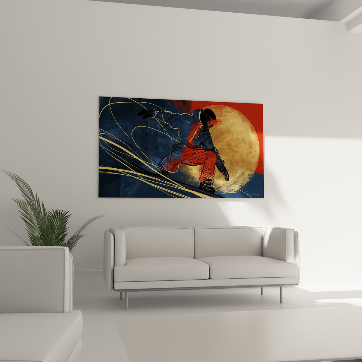 Silhouette bleue et rouge en plein virage au-dessus d'un canapé dans un salon lumineux