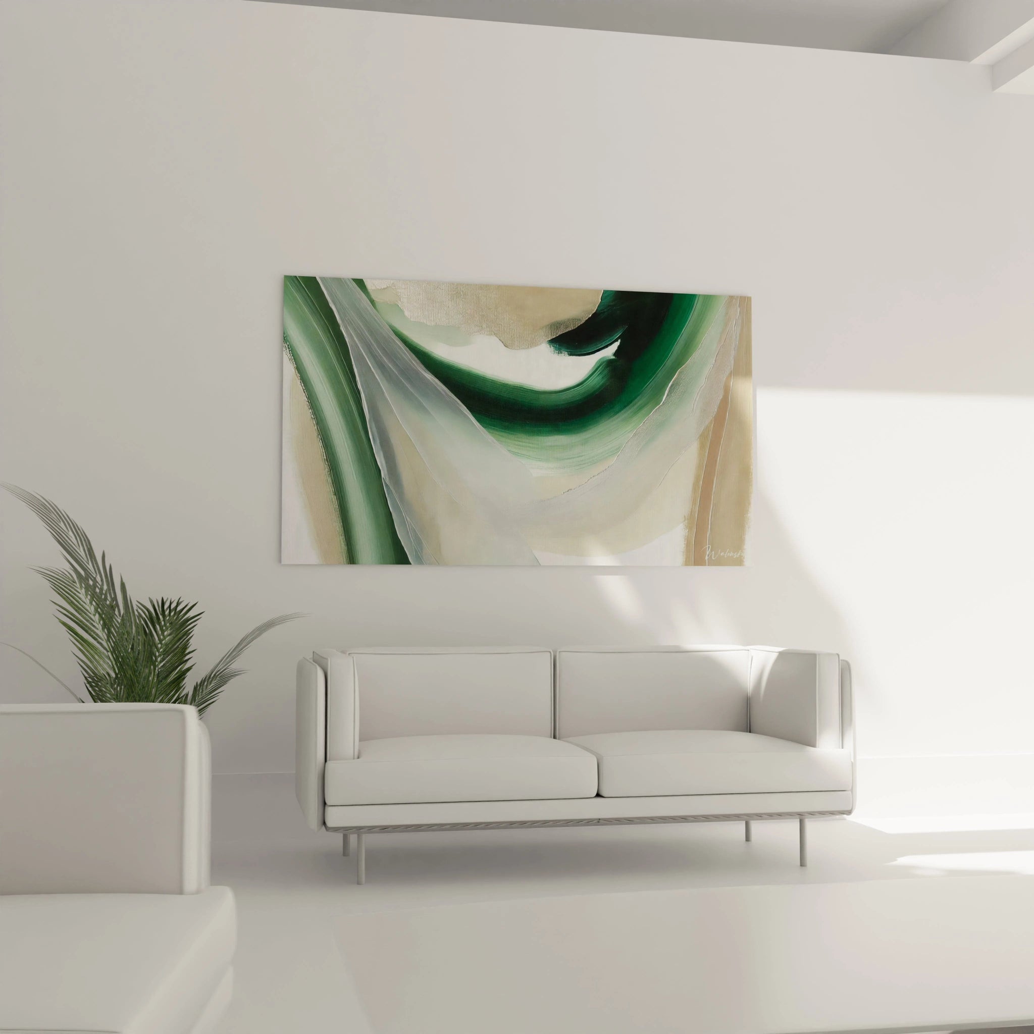 Tableau vert et beige accroché au-dessus d’un canapé. Parfait pour un salon épuré, ajoutant profondeur et mouvement fluide à l'espace intérieur.