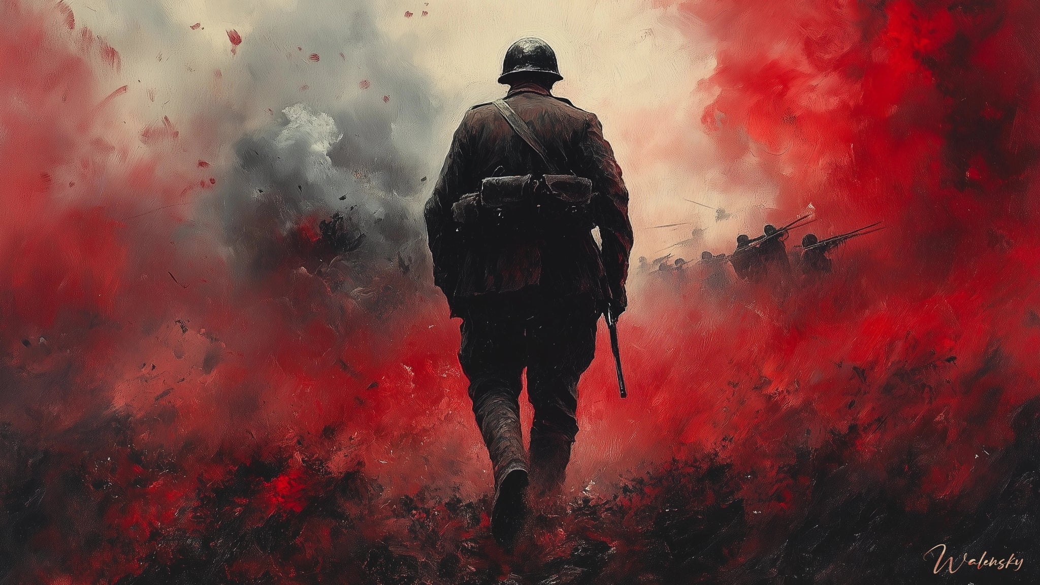 Walensky tableau soldat deuxième guerre mondiale montrant un soldat de dos marchant dans une bataille rouge et fumée