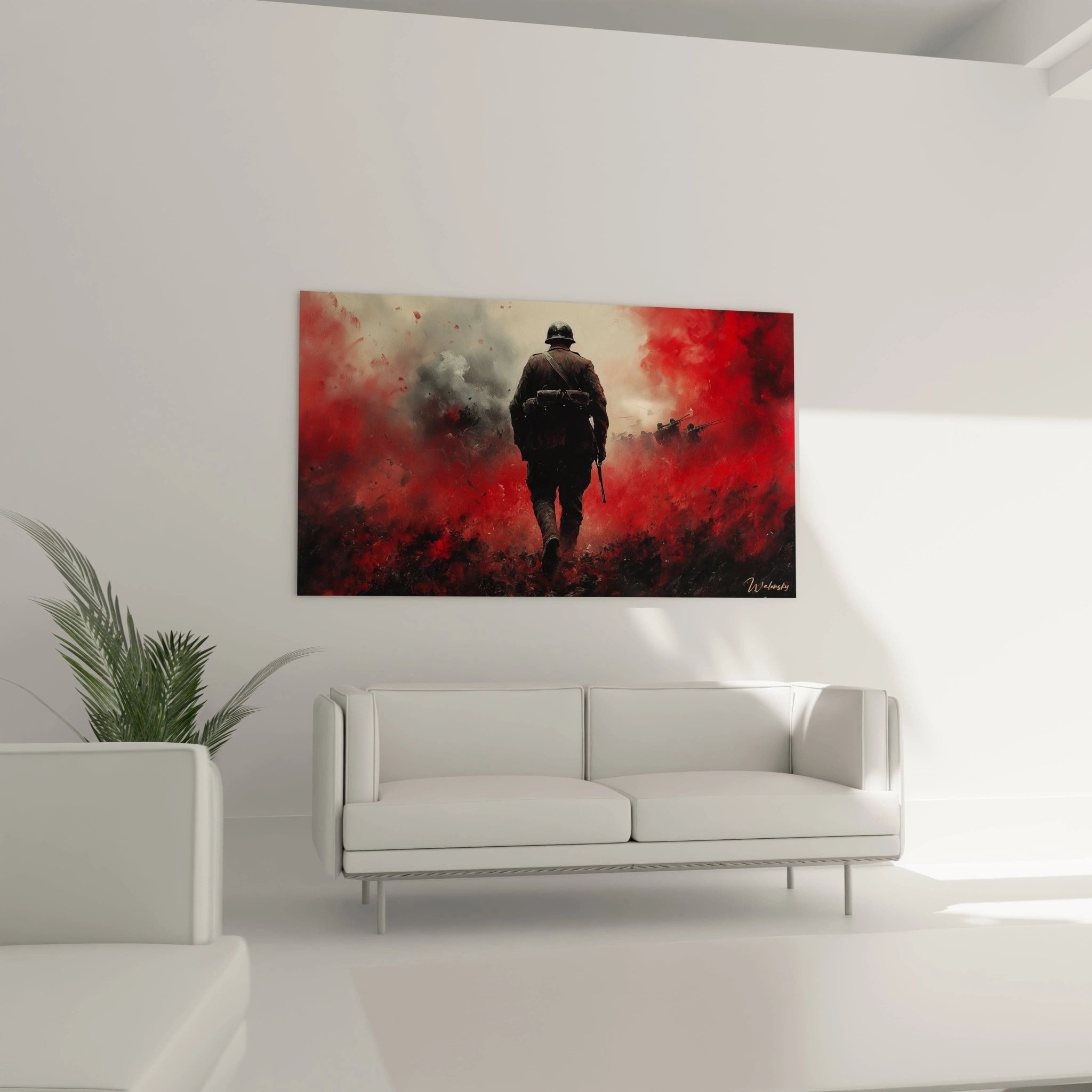 Tableau mural Walensky tableau soldat deuxième guerre mondiale silhouette de soldat marchant dans fumée et flammes rouges