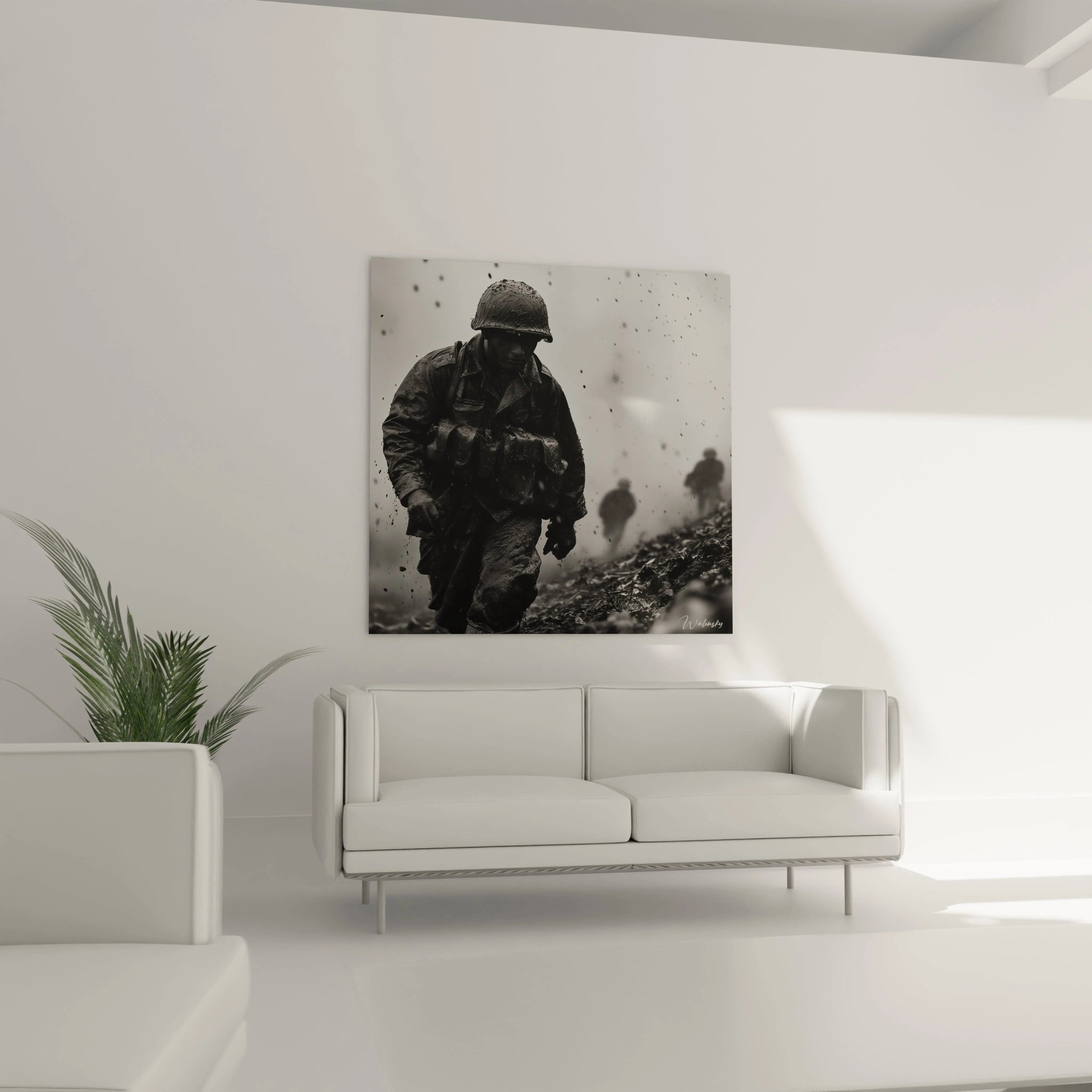 tableau soldat seconde guerre mondiale Walensky affiché au dessus d un canapé dans un salon minimaliste