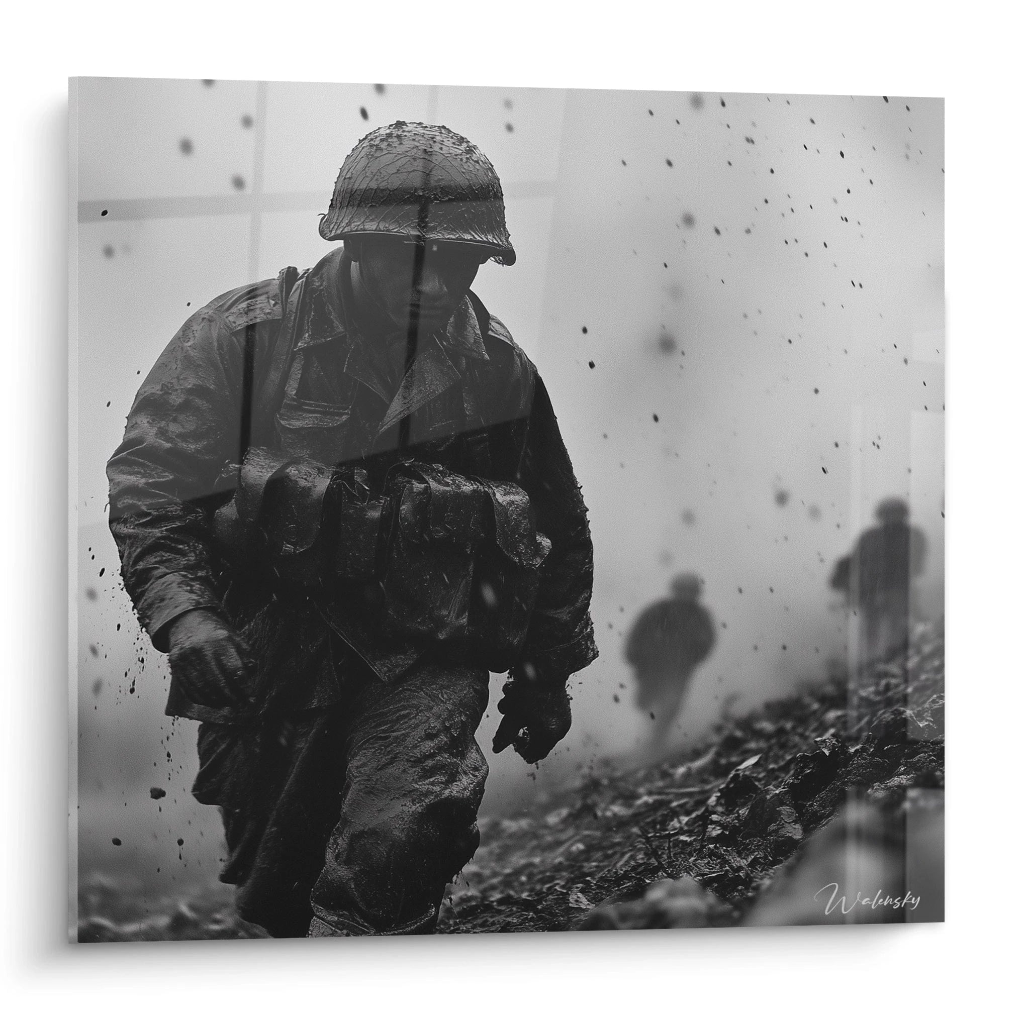 tableau soldat seconde guerre mondiale Walensky tableau mural noir et blanc soldat en marche dans la boue et la fumee