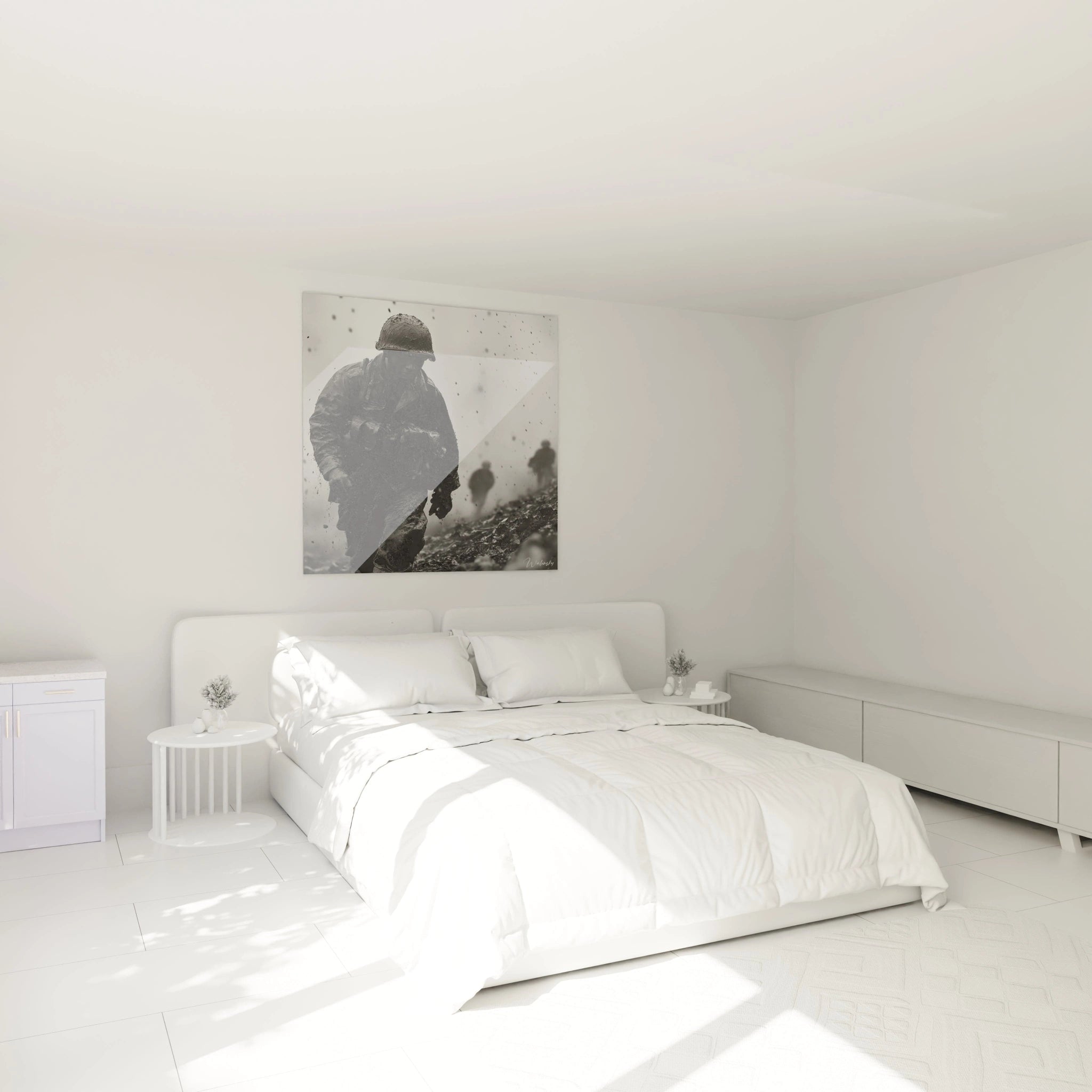 Tableau mural Walensky noir et blanc au dessus de lit dans chambre minimaliste tableau soldat seconde guerre mondiale