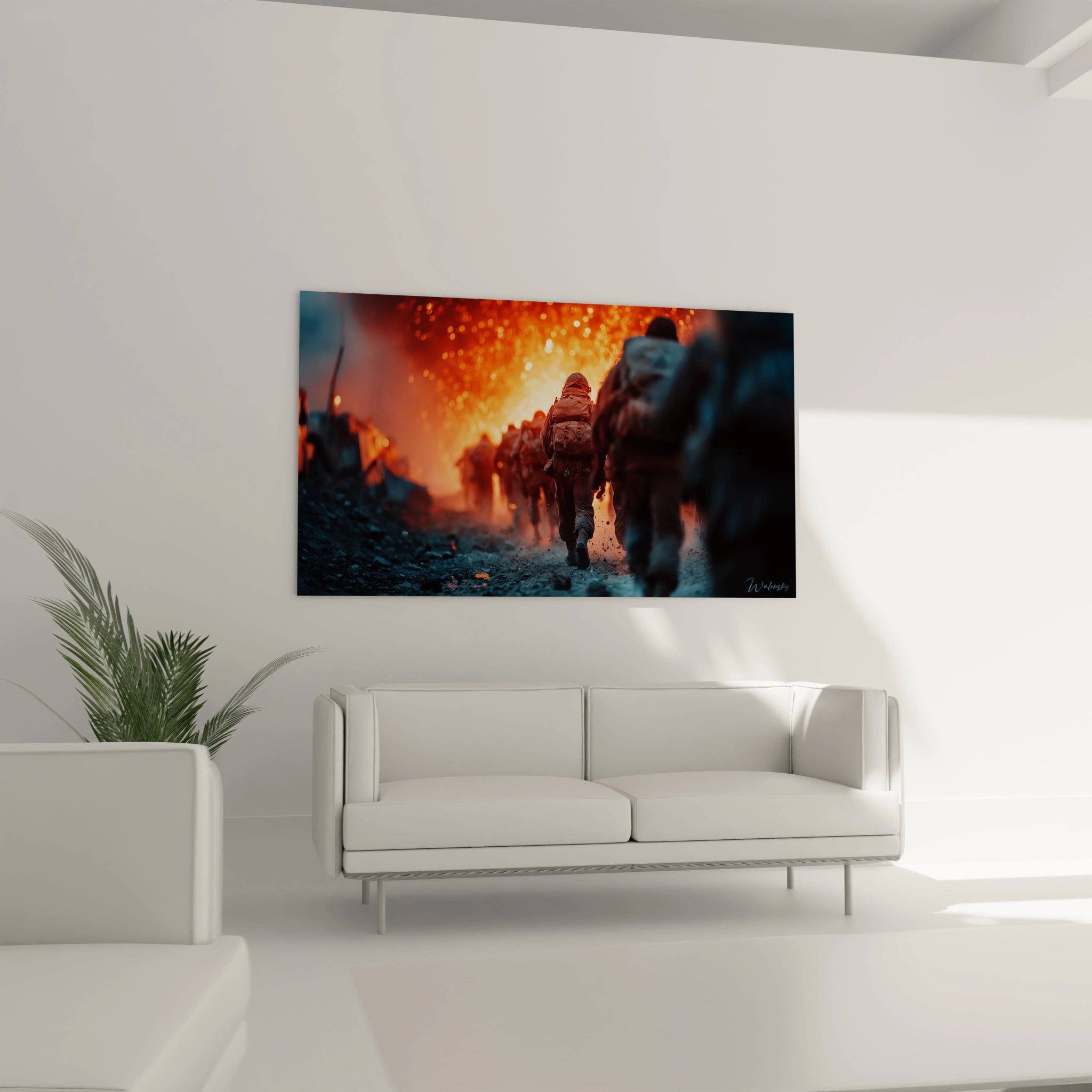 tableau soldat seconde guerre mondiale Walensky montrant soldats marchant vers une explosion dans un salon moderne