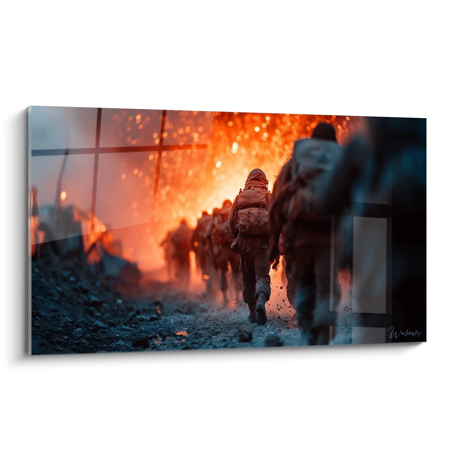 tableau soldat seconde guerre mondiale Walensky tableau mural soldats marchant vers un incendie orange et étincelles