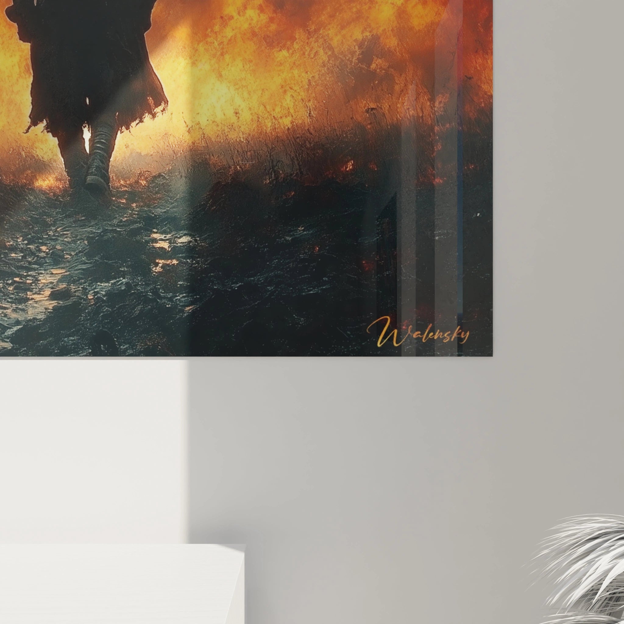 Tableau mural Walensky montrant un soldat marchant dans les flammes au sol brule tableau soldat seconde guerre mondiale