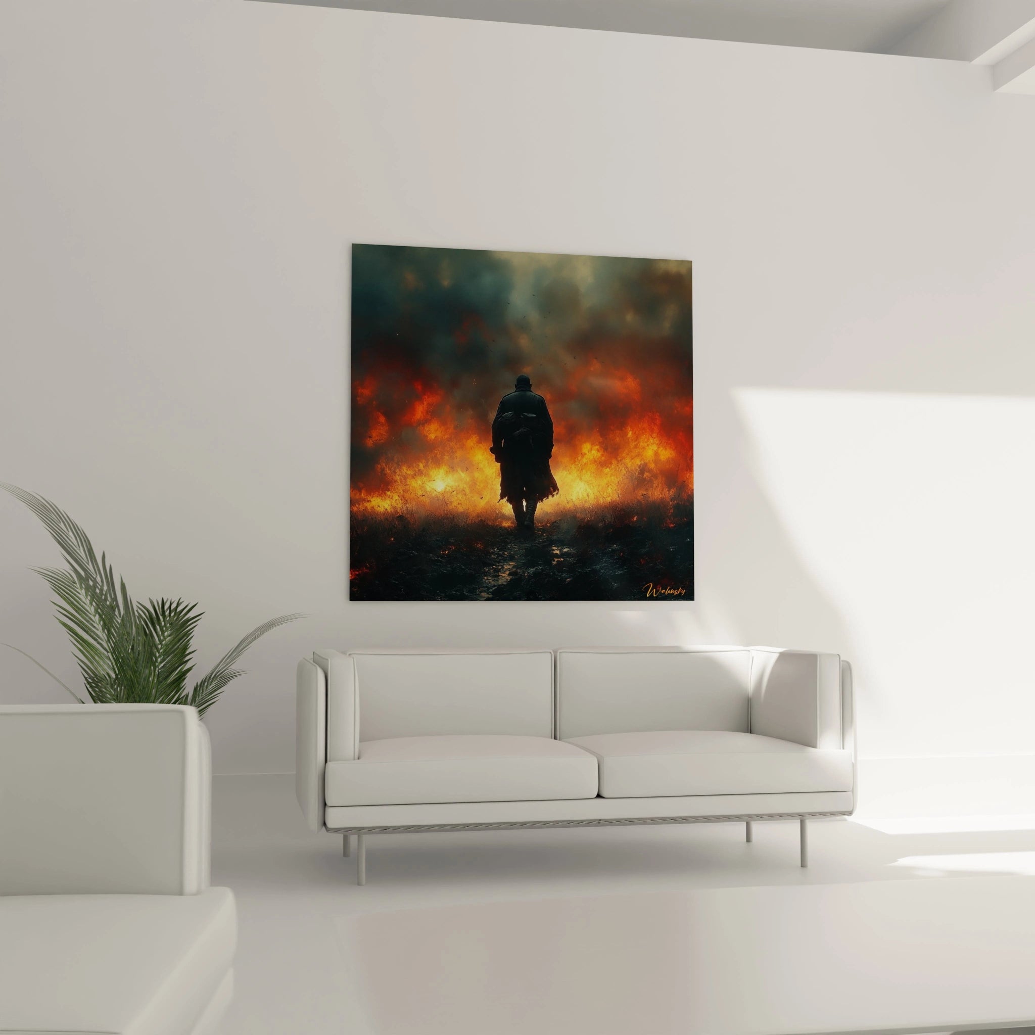 Tableau mural Walensky représentant un soldat solitaire marchant vers un horizon en flammes, tableau soldat seconde guerre mondiale