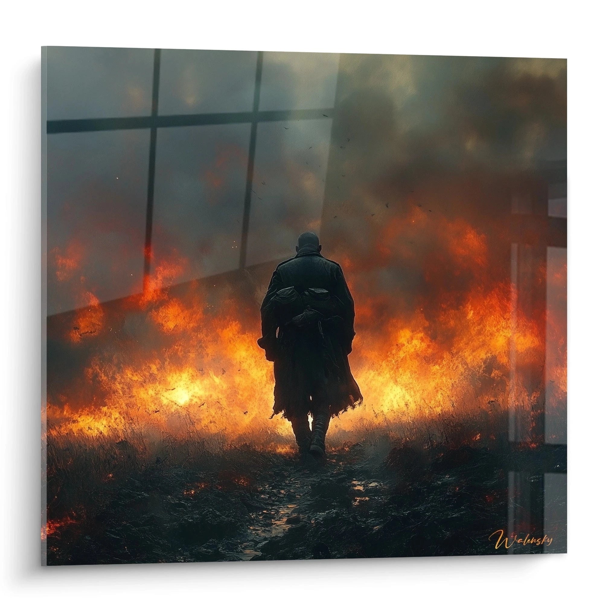 tableau soldat seconde guerre mondiale Walensky montrant un soldat silhouetté marchant vers un champ en flammes