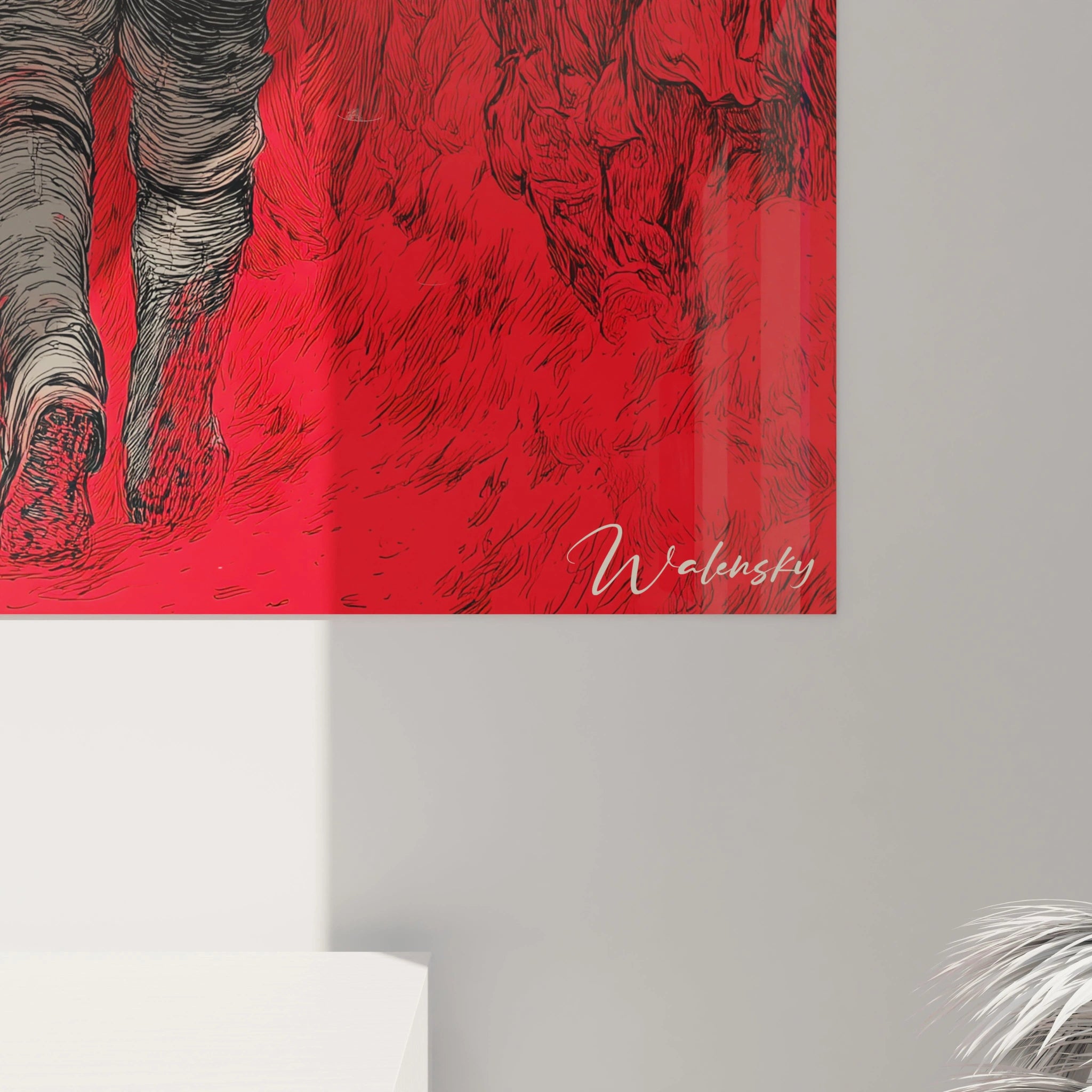 Tableau mural rouge signé Walensky montrant gravure de scène historique et détails tableau révolution française art mural