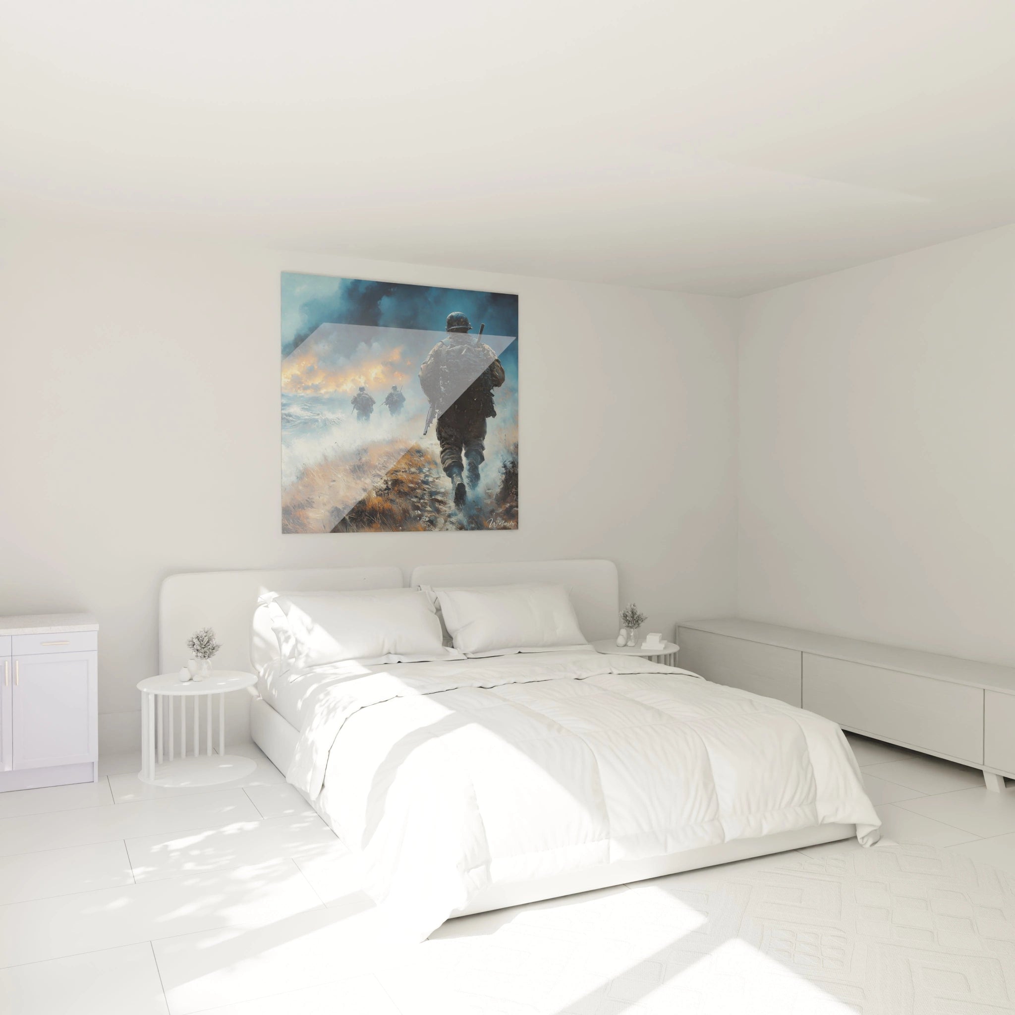 Tableau mural Walensky au dessus d un lit blanc minimaliste montrant un soldat en marche tableau soldat deuxième guerre mondiale