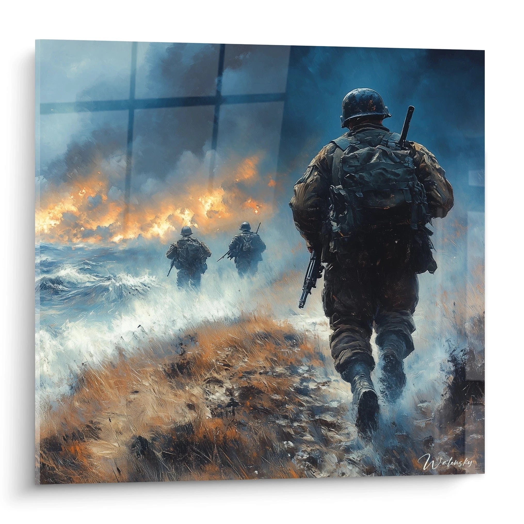tableau soldat deuxième guerre mondiale Walensky peinture murale d un soldat marchant vers une plage en feu