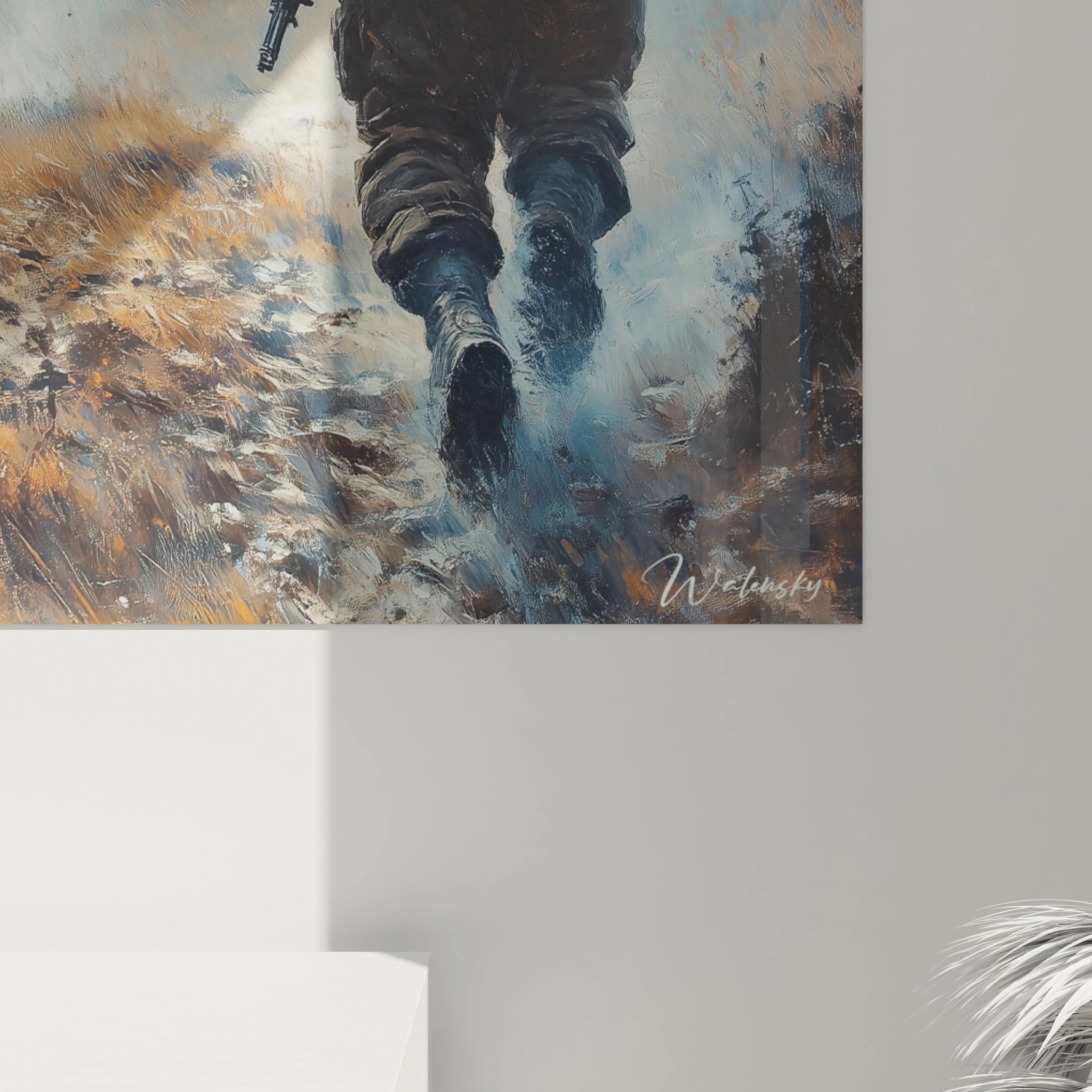 tableau soldat deuxième guerre mondiale Walensky montrant bottes de soldat marchant dans champ boueux