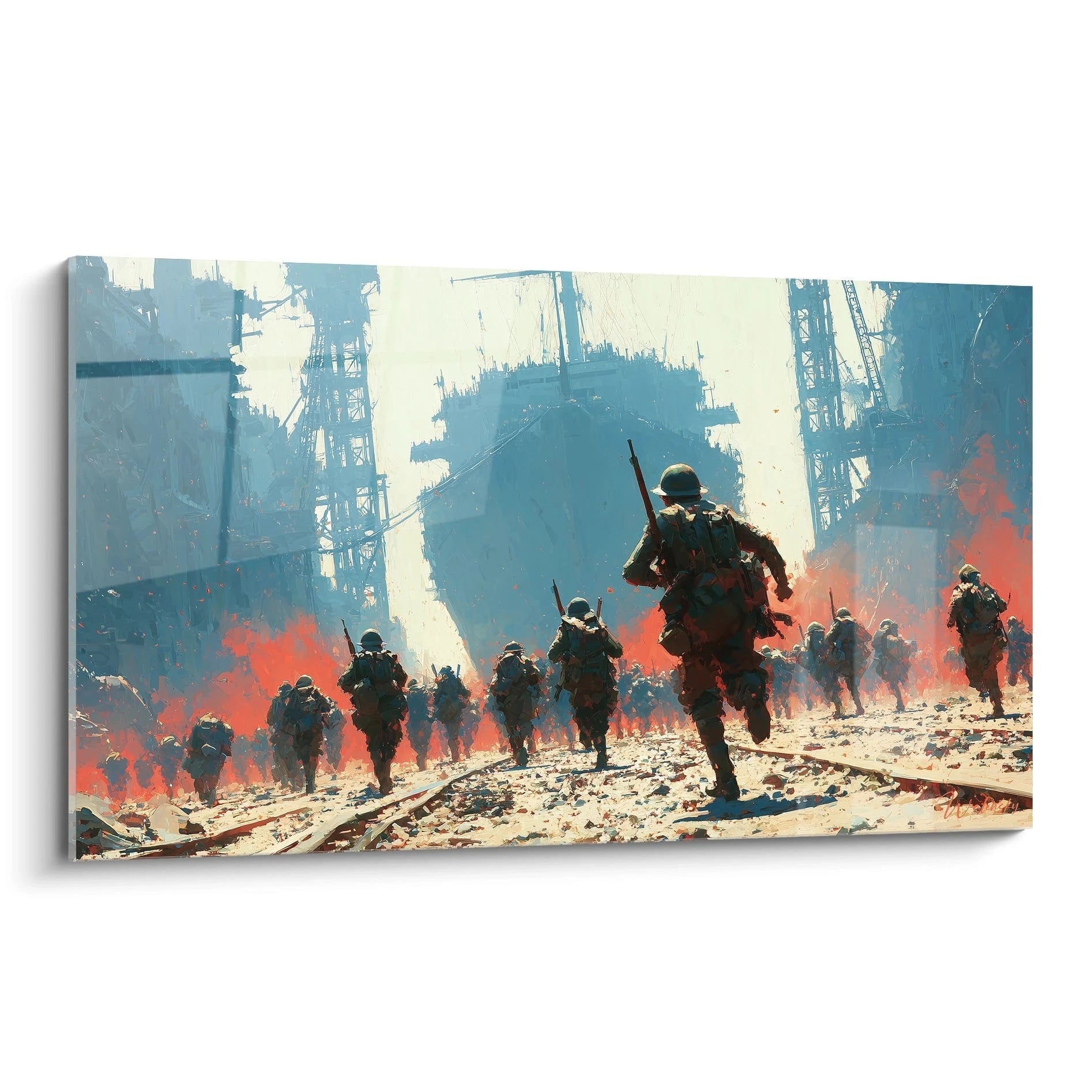 Tableau mural Walensky tableau soldats seconde guerre mondiale montrant soldats sur voies ferrées en ruine et fumée orange