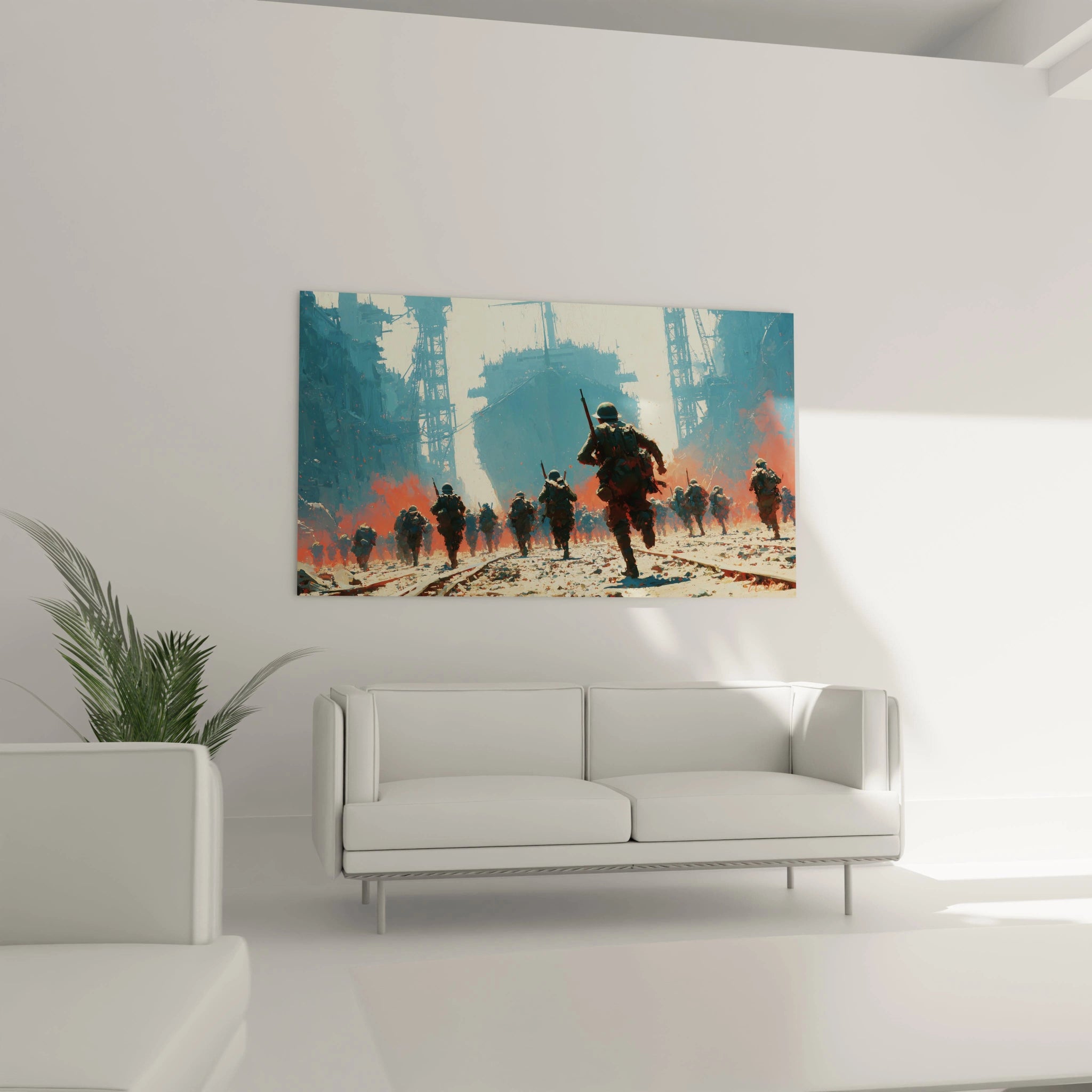 tableau soldats seconde guerre mondiale Walensky peinture murale moderne tons bleu et orange soldats en marche