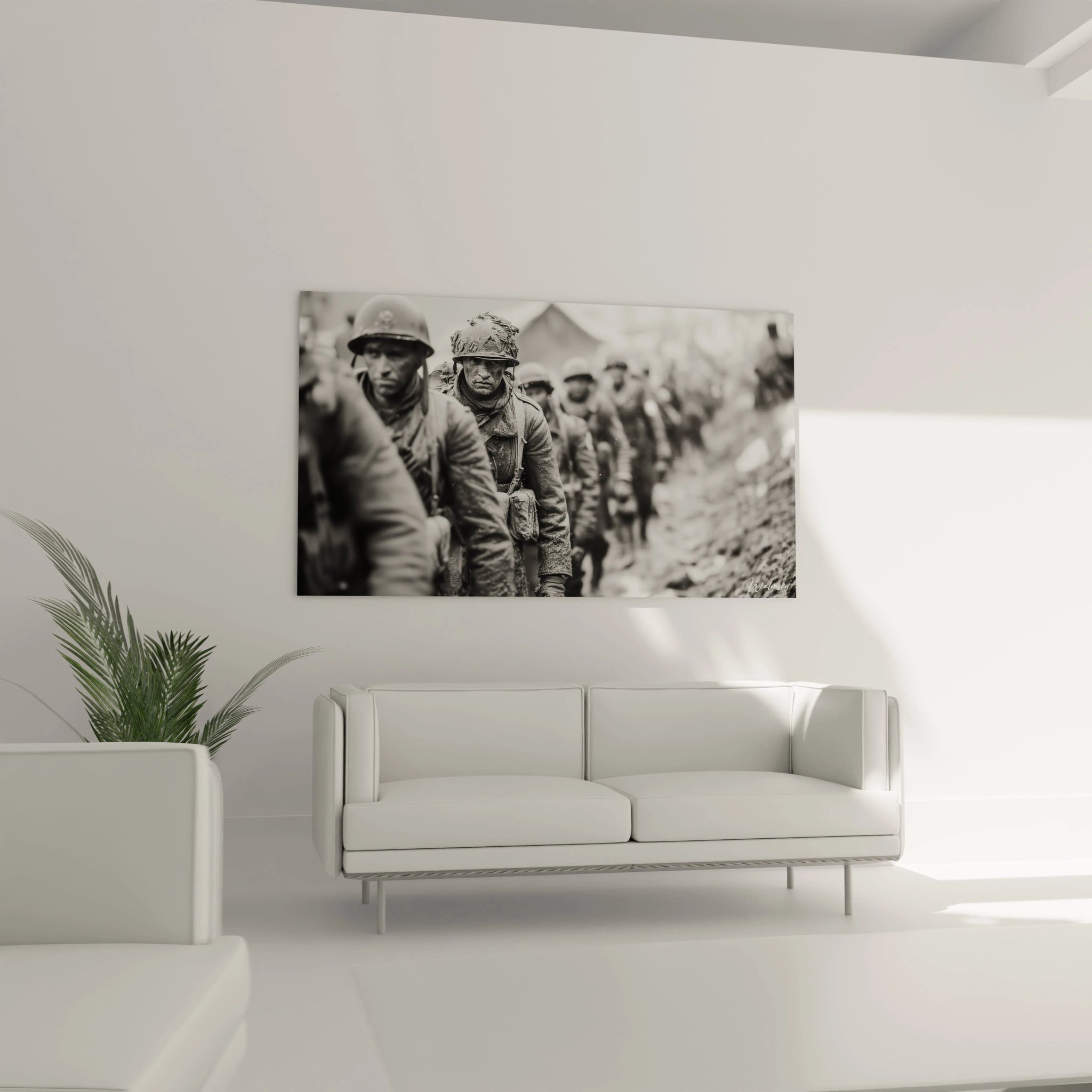 Tableau Walensky noir et blanc montrant une file de soldats en tranchée tableau soldats seconde guerre mondiale pour décor mural