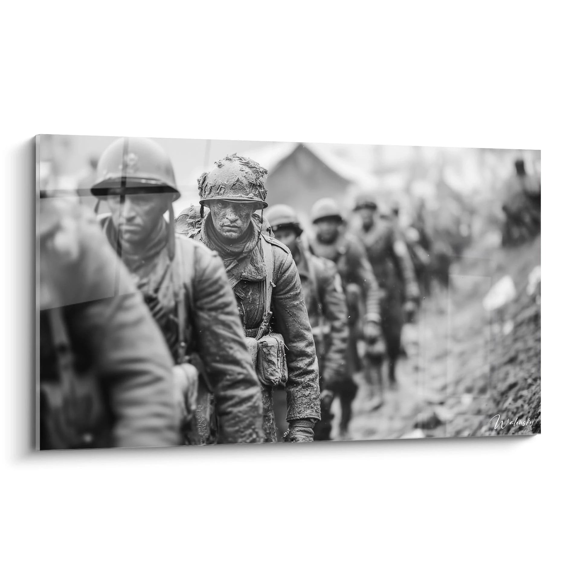 tableau soldats seconde guerre mondiale Walensky toile murale panoramique noir et blanc ligne de soldats boueux
