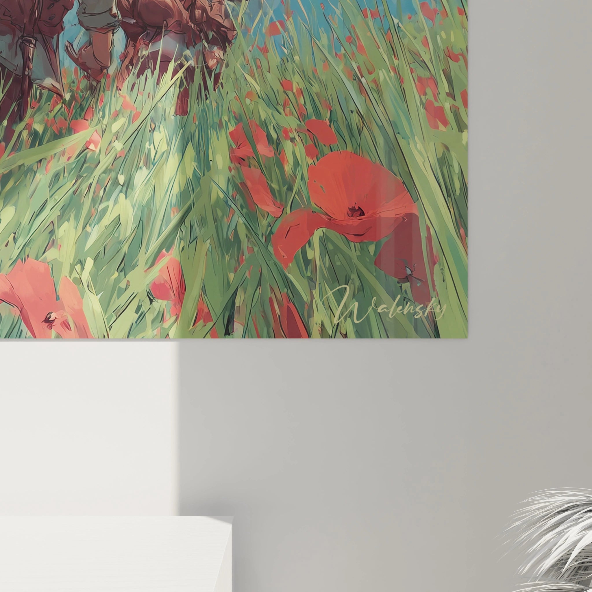 Tableau mural Walensky montrant coquelicots dans un champ avec silhouettes de soldats tableau soldats deuxième guerre mondiale