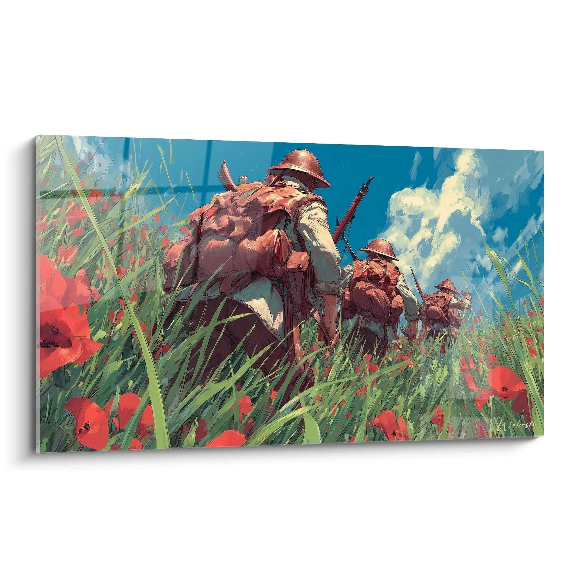 Tableau soldats deuxième guerre mondiale Walensky montrant soldats en marche dans un champ de coquelicots sous ciel bleu