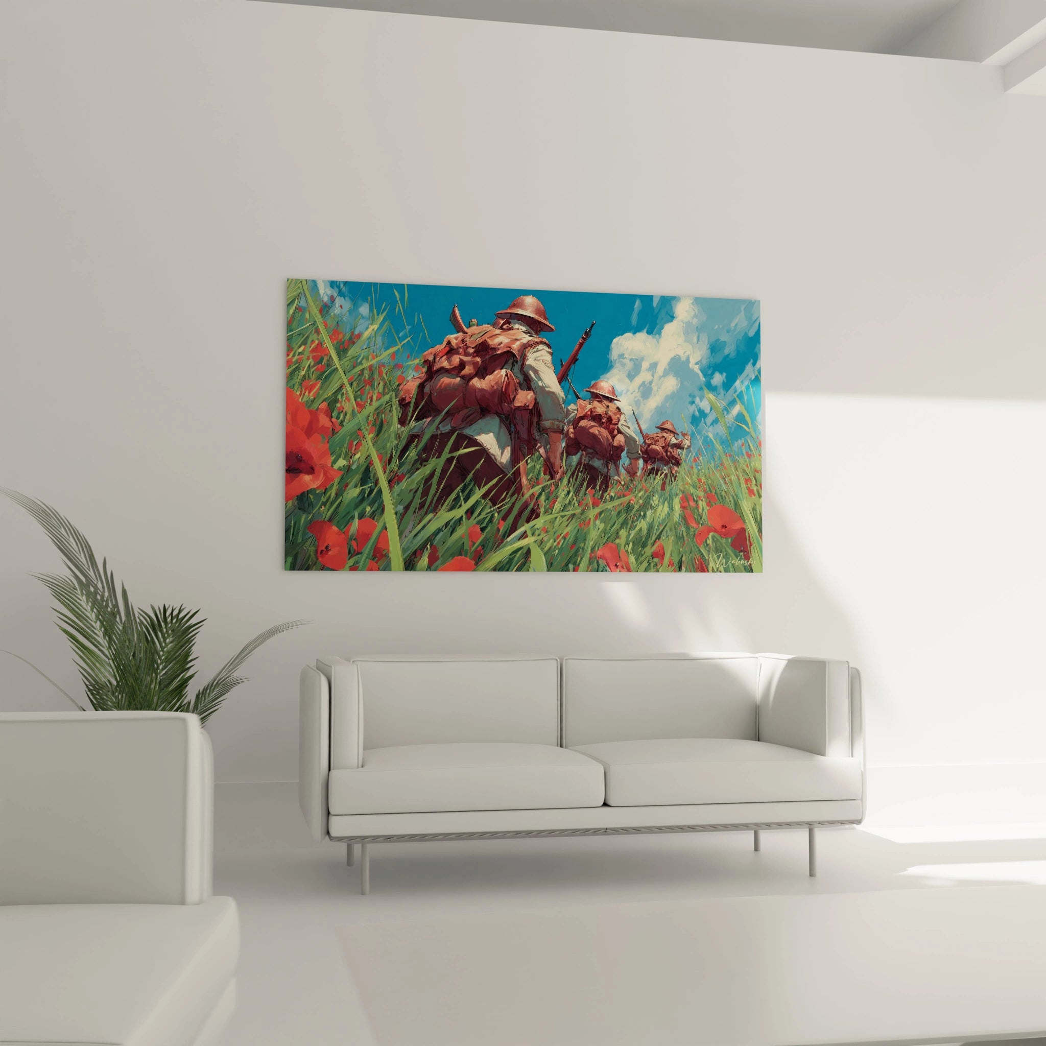 Tableau mural Walensky tableau soldats deuxième guerre mondiale scène colorée de soldats marchant dans un champ de coquelicots