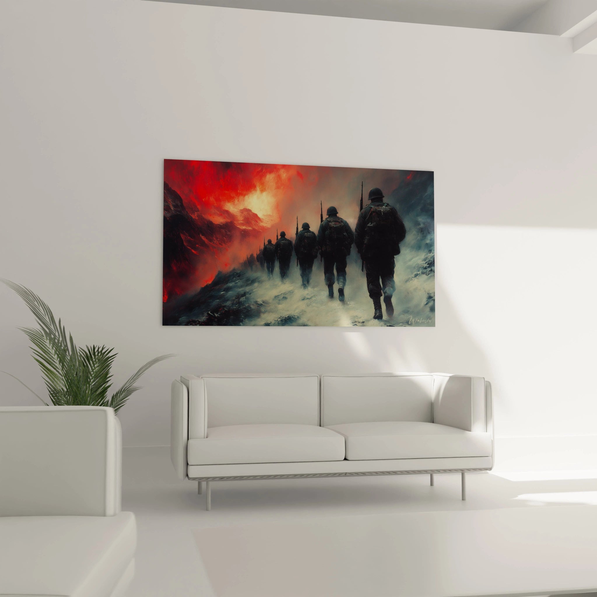 Tableau mural Walensky représentant des soldats en marche dans la neige et les flammes tableau soldats seconde guerre mondiale