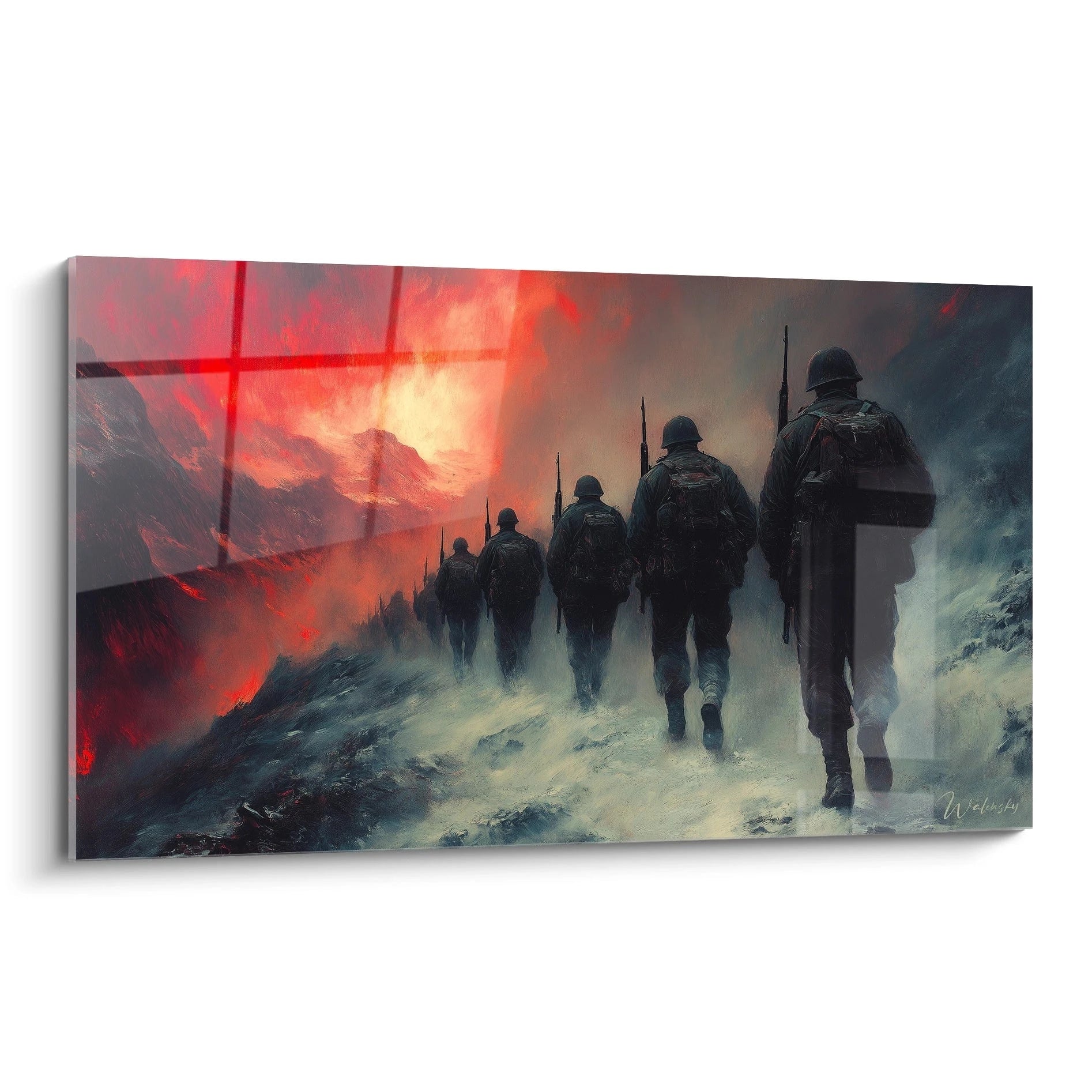 tableau soldats seconde guerre mondiale Walensky peinture murale paysage montagneux neige et ciel rouge dramatique