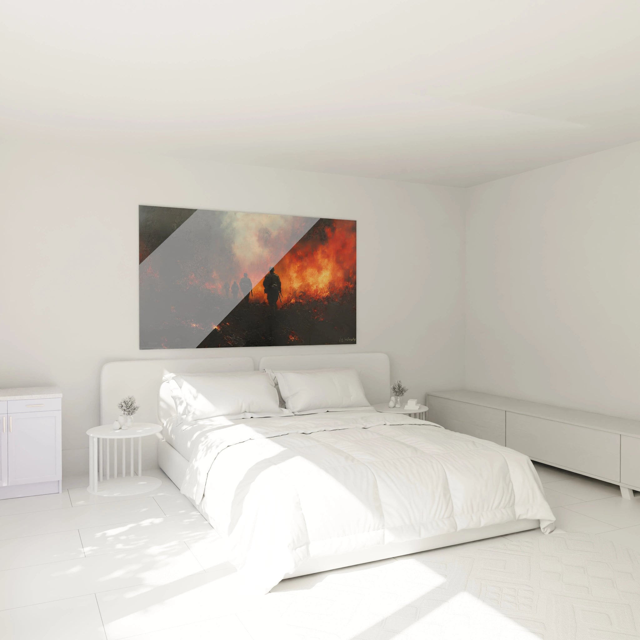 Tableau mural Walensky montrant silhouettes de soldats dans flammes et fumee tableau soldats seconde guerre mondiale