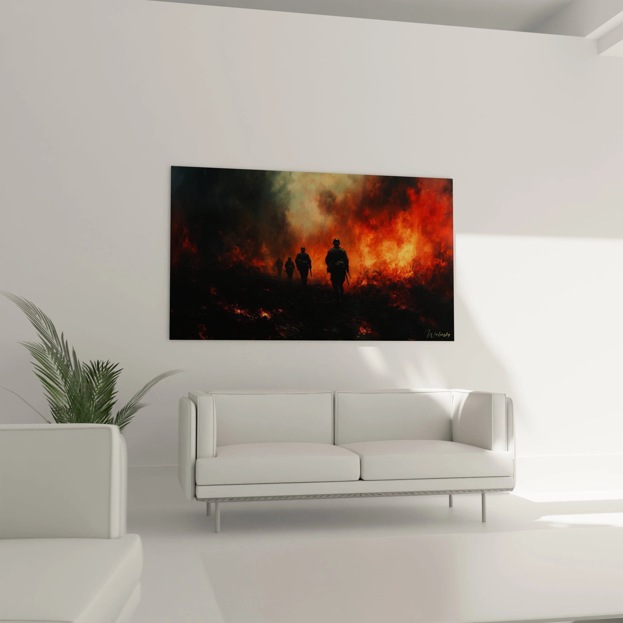 tableau soldats seconde guerre mondiale Walensky représentant des soldats marchant au milieu des flammes et de la fumée