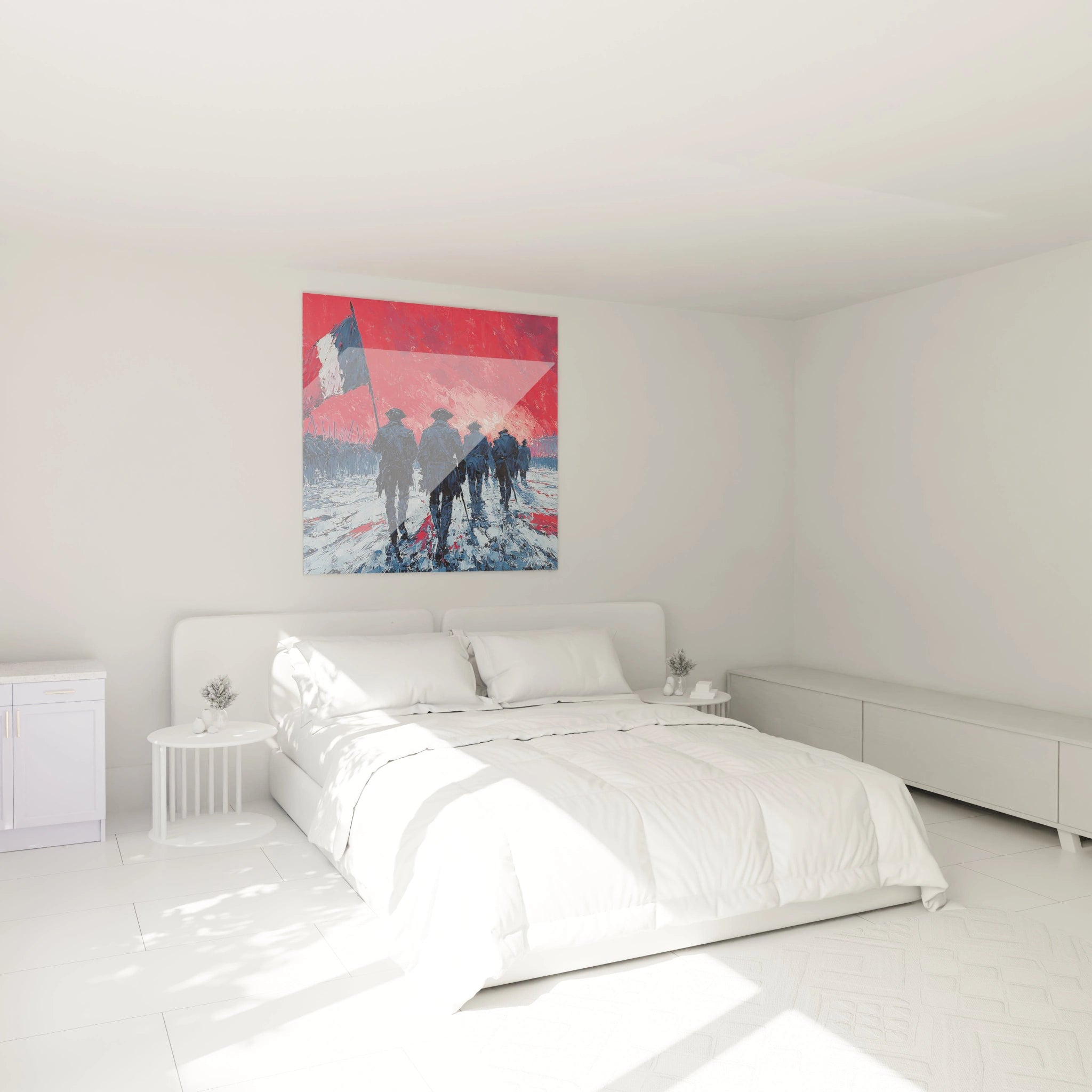 Chambre minimaliste blanche avec lit double et tableau révolution française de style patriotique Walensky au dessus du lit