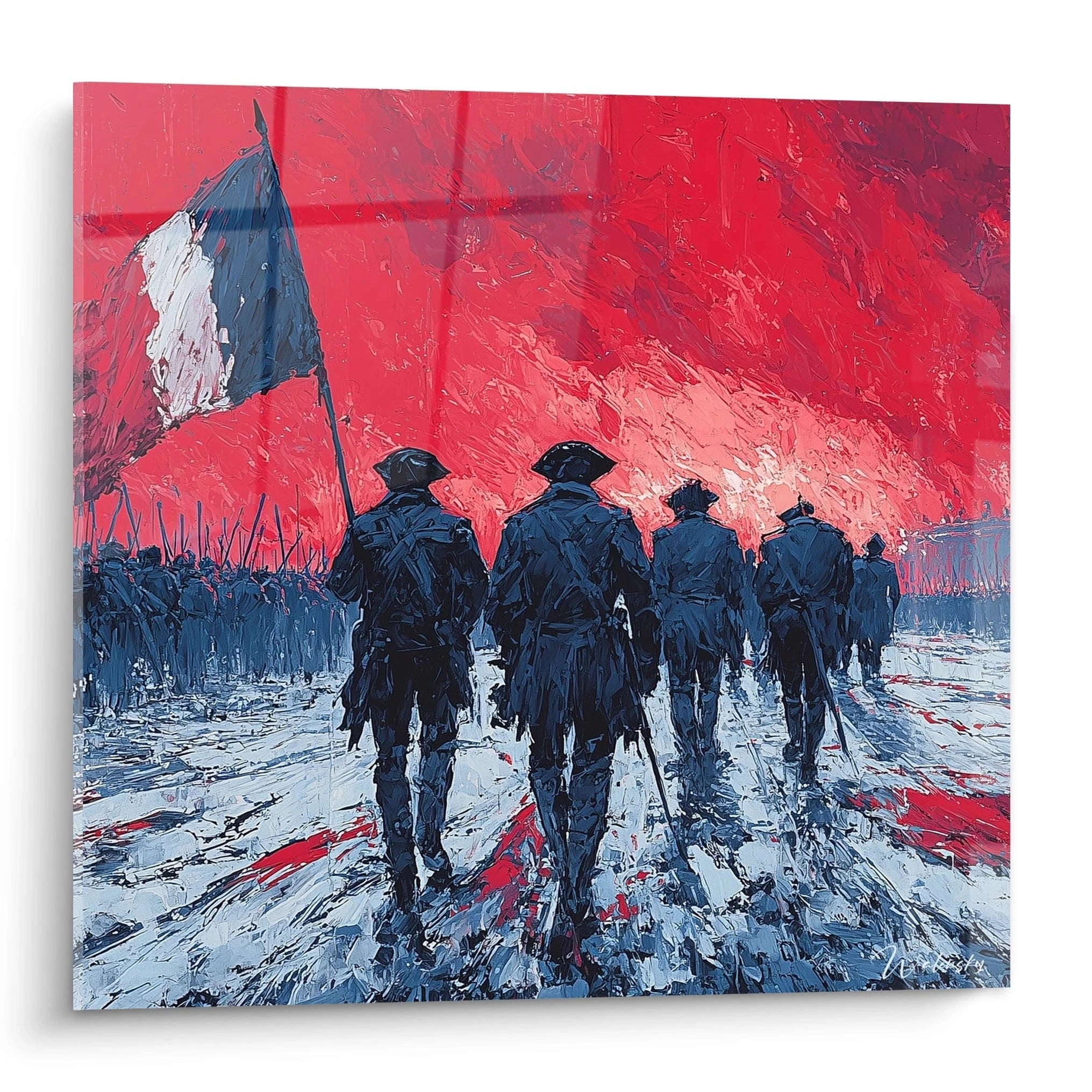 tableau révolution française Walensky montrant soldats en marche vers horizon avec drapeau tricolore et ciel rouge texturé