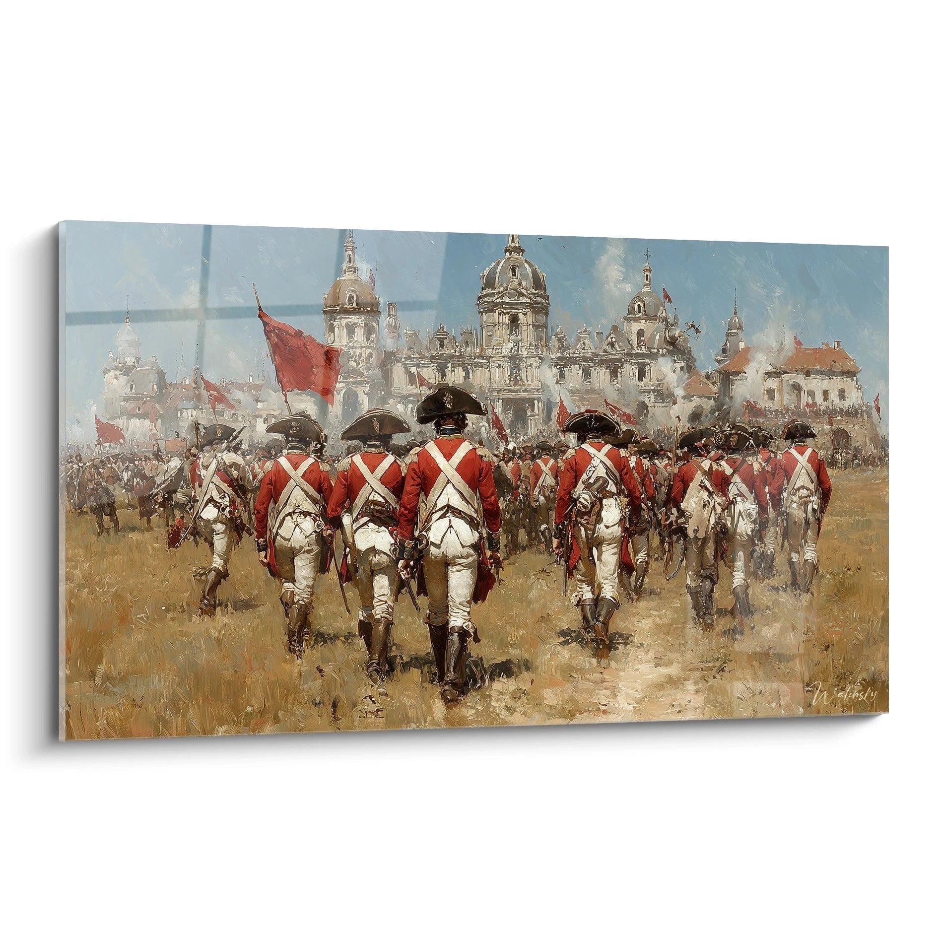Tableau mural Walensky de soldats en manteaux rouges marchant devant un palais tableau soldats révolution française