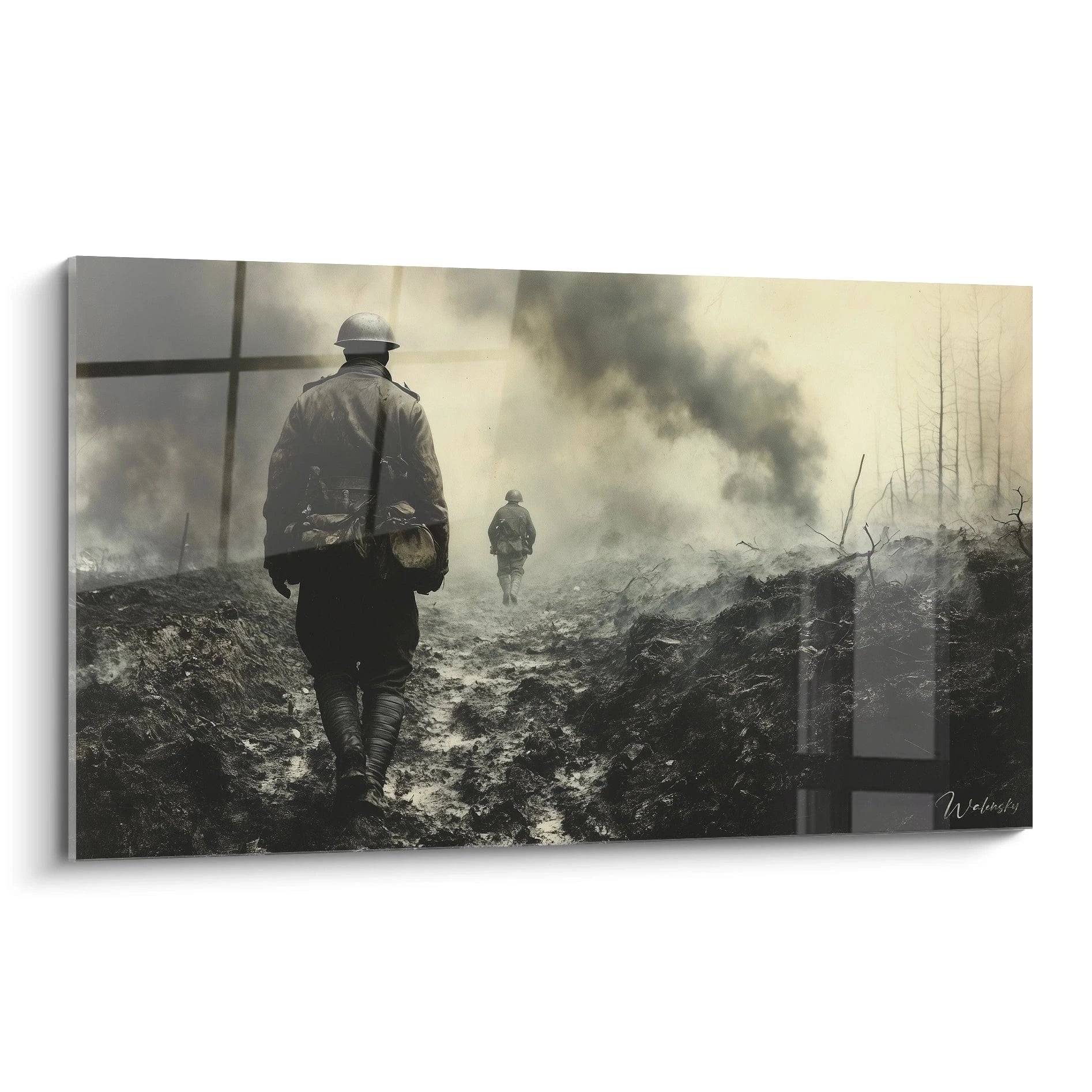 Walensky tableau soldats seconde guerre mondiale mural toile en noir et blanc soldats dans tranchée boueuse