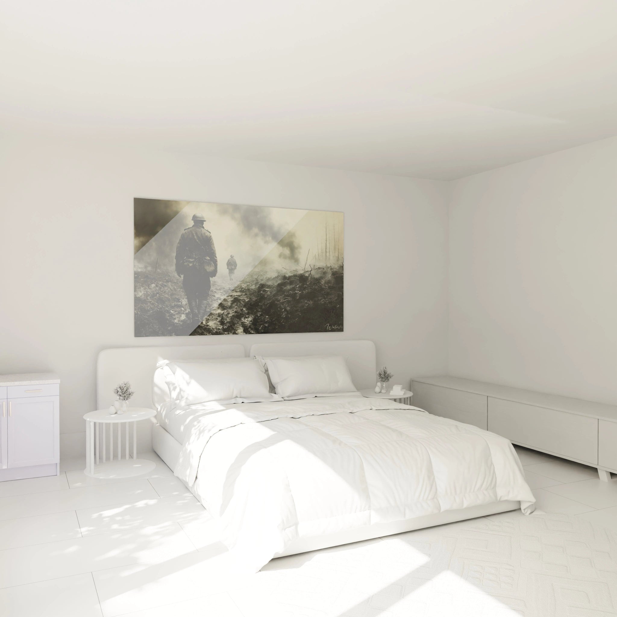 tableau soldats seconde guerre mondiale Walensky photo sepia accrochée au dessus d un lit moderne minimaliste
