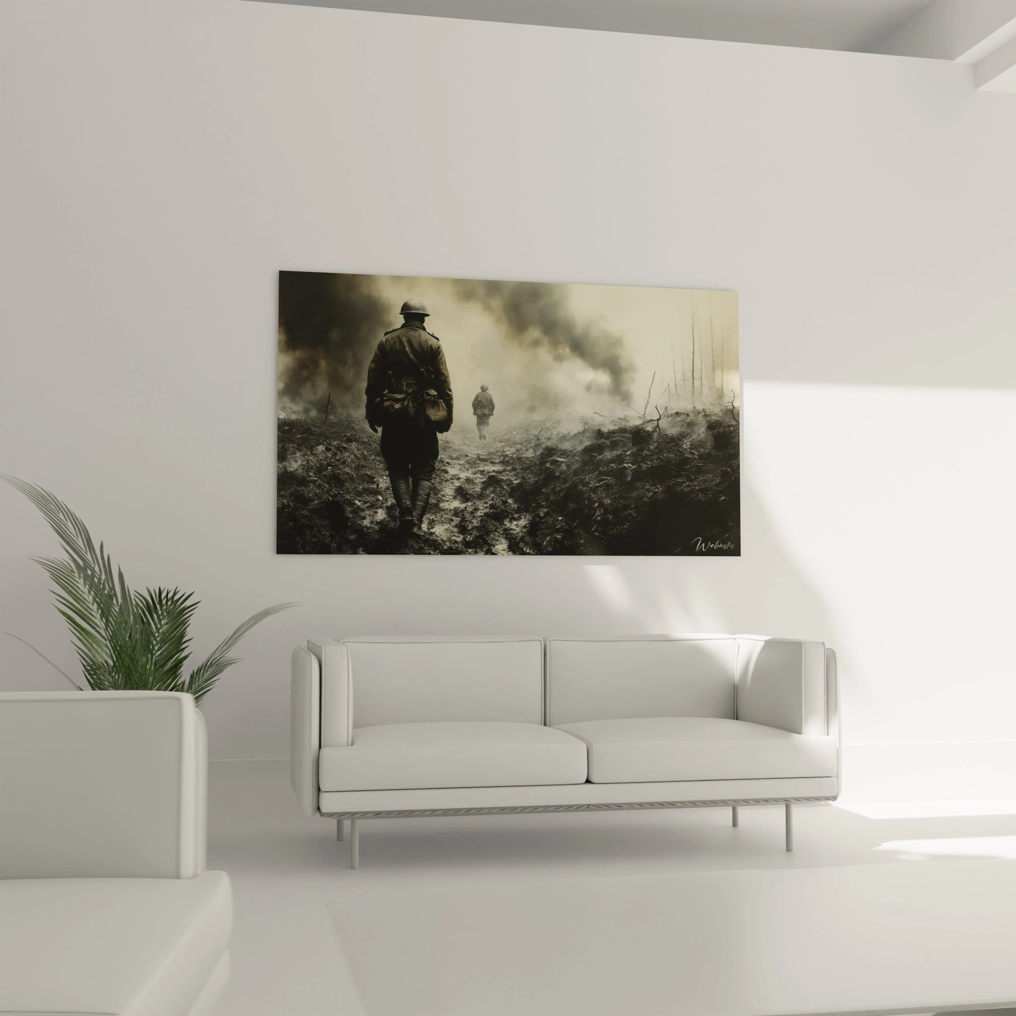 Tableau Walensky montrant deux soldats marchant dans un champ boueux et enfumé tableau soldats seconde guerre mondiale