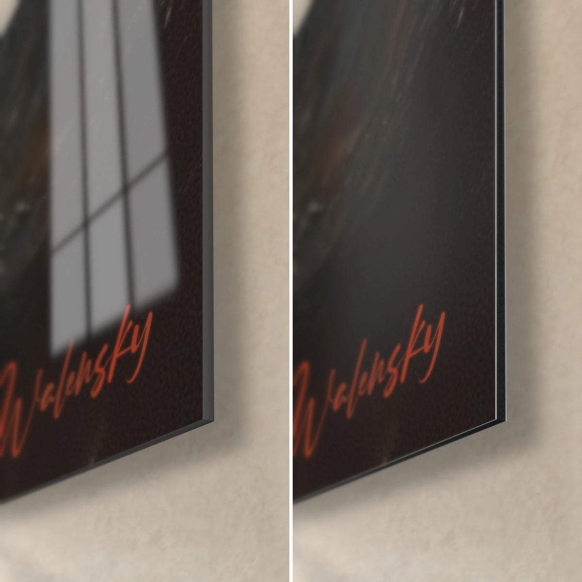 Wall art soldiers in the flames, bottom right corner, red Walensky signature, glossy glass on the left, matt black Dibond on the right