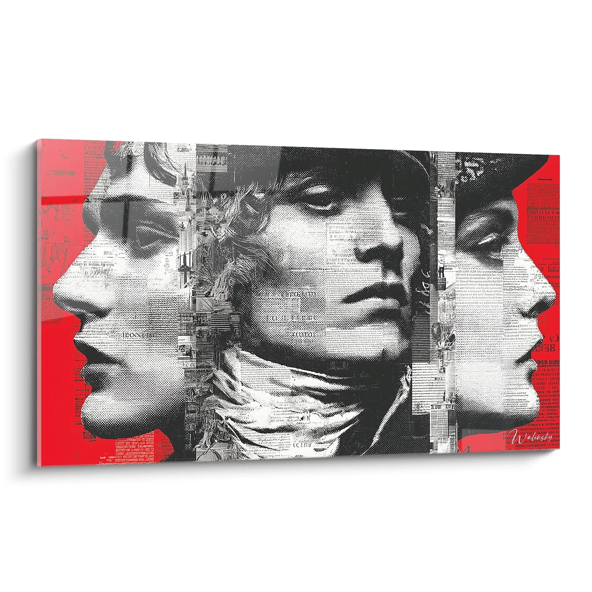 tableau révolution française Walensky toile murale moderne triptyque visage historique en noir blanc et rouge collage de journaux