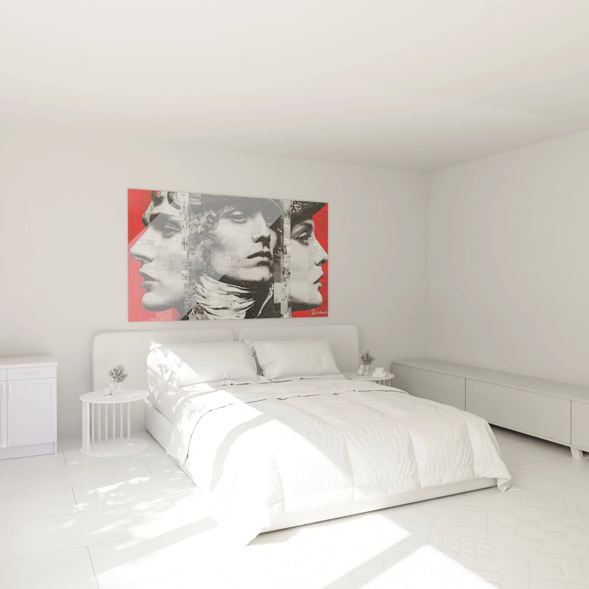 Tableau mural Walensky tableau révolution française visages stylisés noir blanc et rouge au dessus d un lit blanc minimaliste