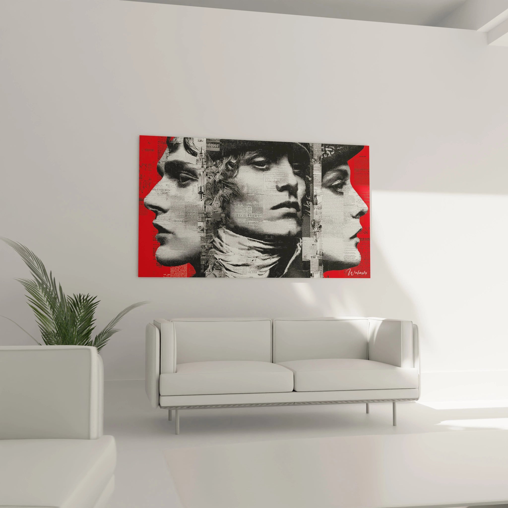 Walensky tableau révolution française mural portrait triptyque noir blanc rouge au dessus du canapé moderne