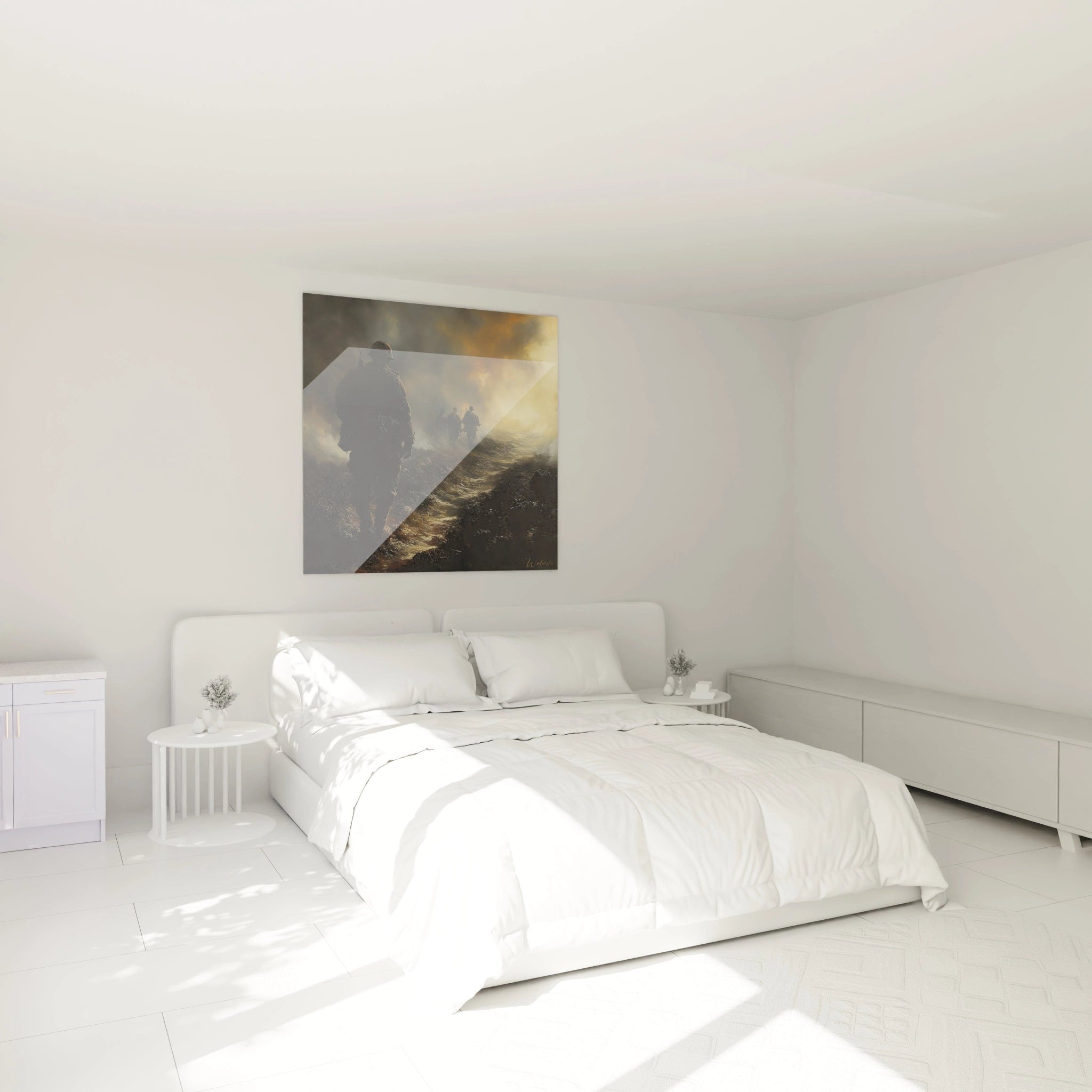 tableau soldats seconde guerre mondiale Walensky accroché au mur d une chambre minimaliste blanche